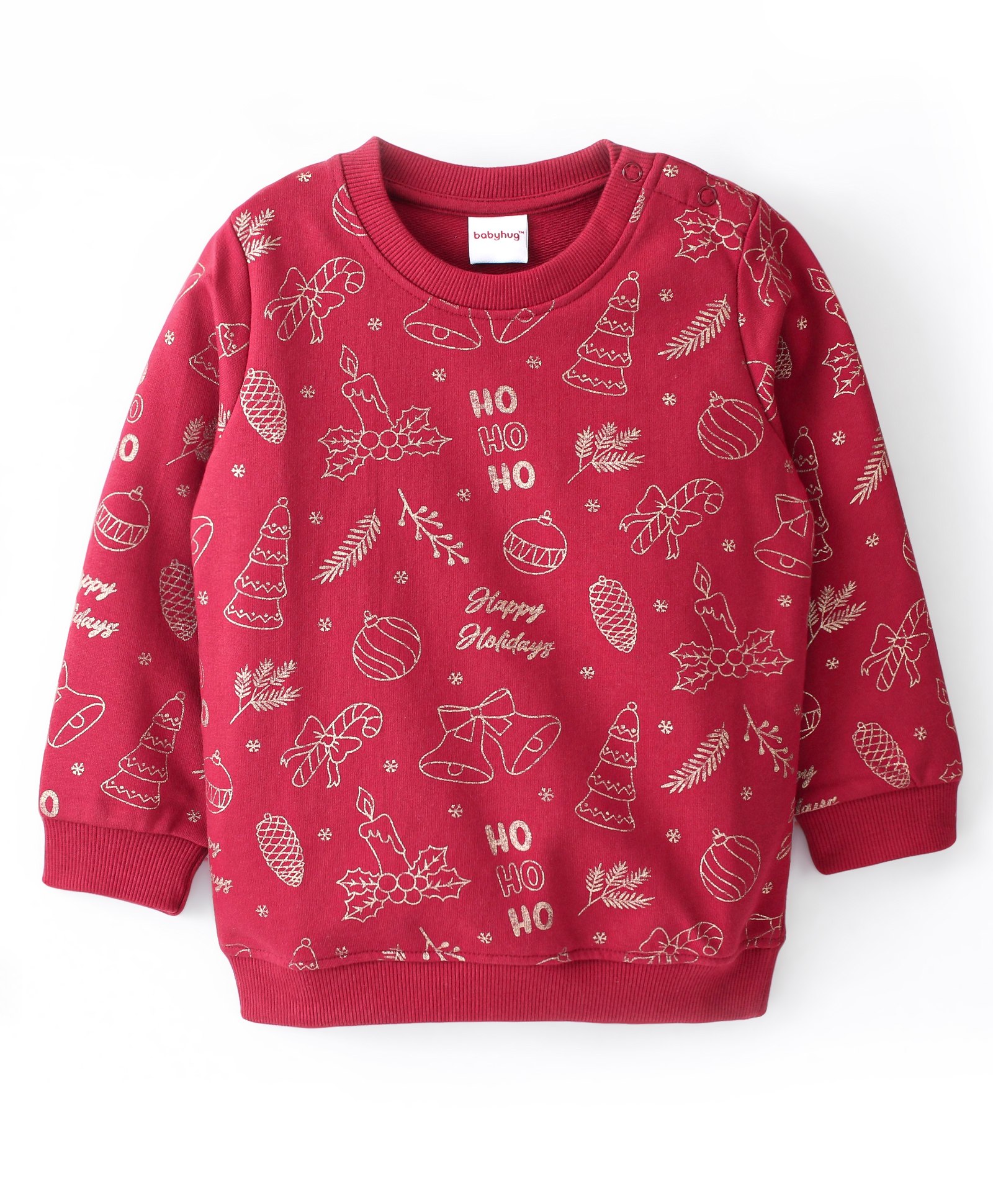 Babyhug Cotton Knit Full Sleeves Christmas Theme Foil Printed Sweatshirt - Maroon-image-30