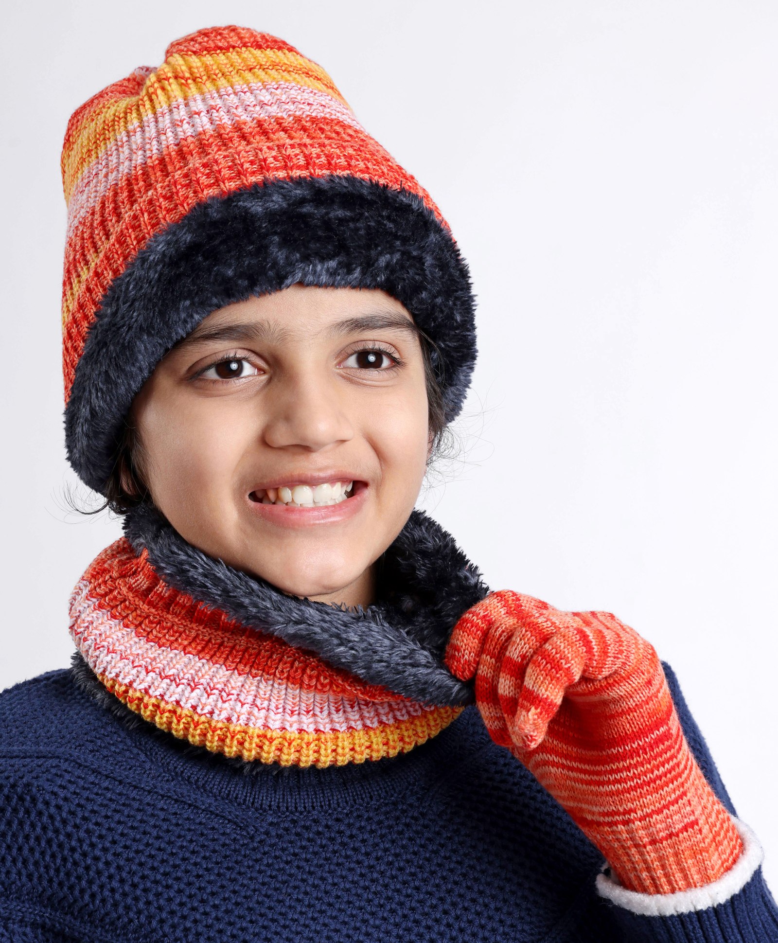 Pine Kids Knitted Woollen Cap Gloves & Snood Set with Striped & Cable Knit Design Multicolour - Diameter 13.5 cm-picture-26