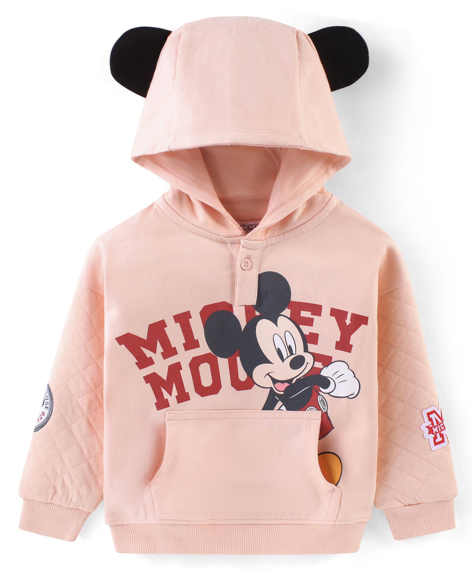 Babyhug 100% Cotton Knit Full Sleeve Sweatjacket With Mickey Mouse Graphics & Quilting Detailing - Peach-picture-18