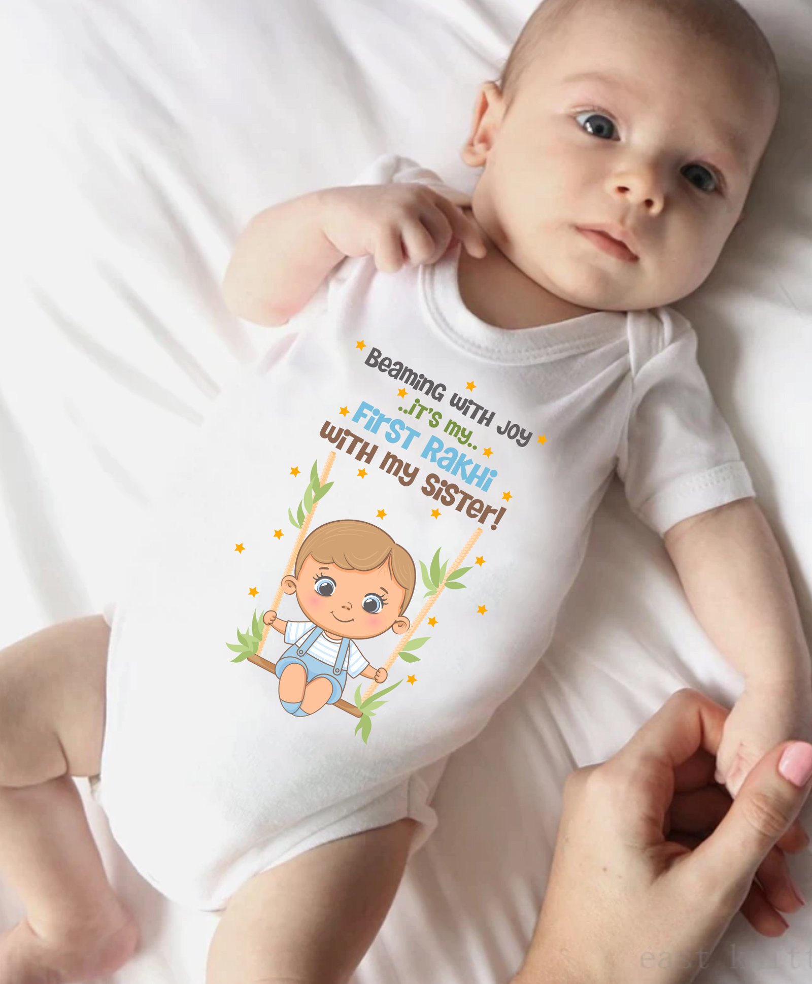 KNITROOT Raksha Bandhan Theme Half Sleeves Our First Rakhi Sis Printed Onesie-White-picture-15