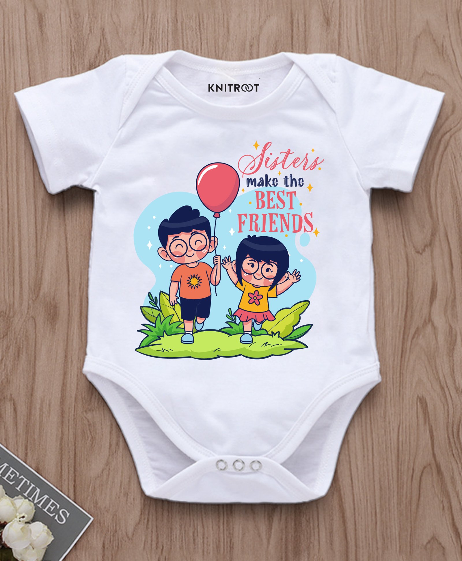 KNITROOT Raksha Bandhan Theme Half Sleeves Sis Makes Best Friends Printed Onesie - White-image-42