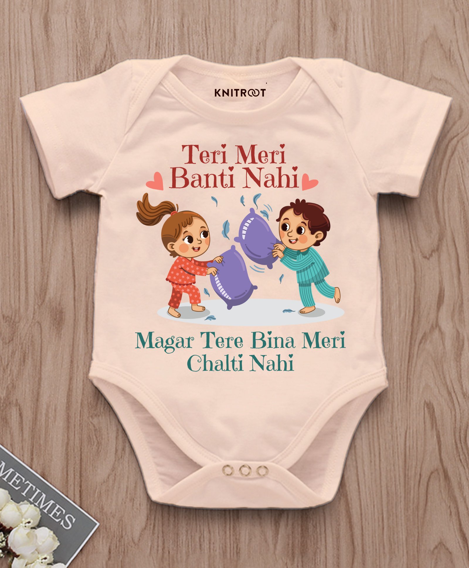 KNITROOT Raksha Bandhan Half Sleeves Teri Meri Banti Nahi Text Printed Onesie -  Peach-picture-25