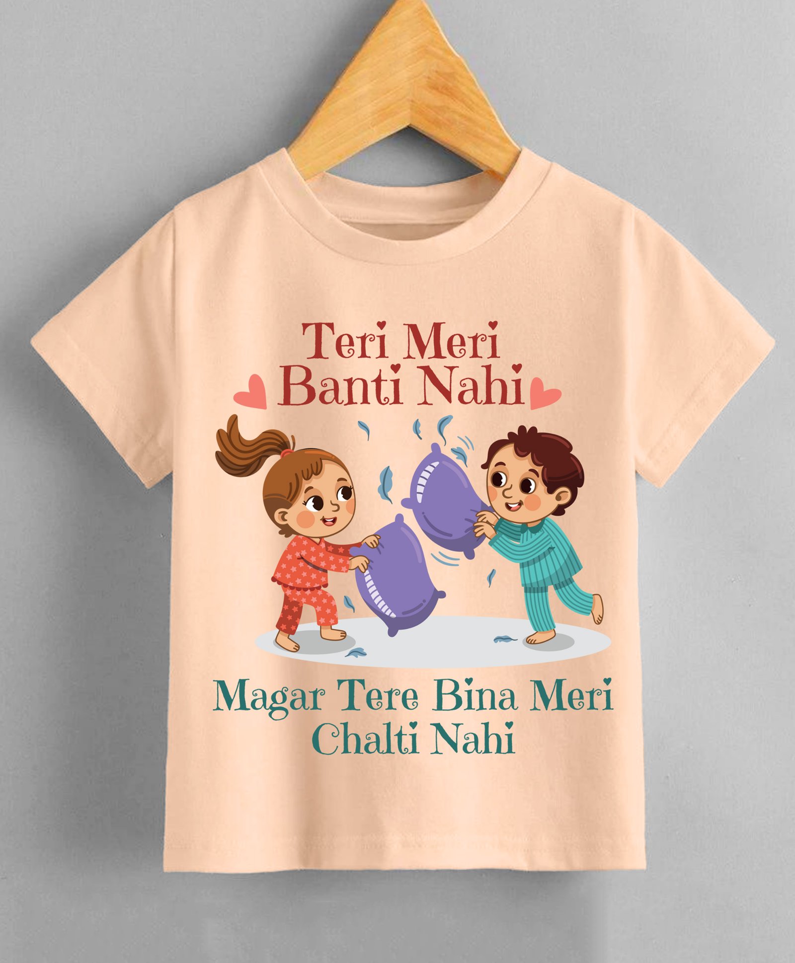 KNITROOT Raksha Bandhan Theme Half Sleeves Teri Meri Banti Nahi Text Printed T Shirt - Peach-picture-18