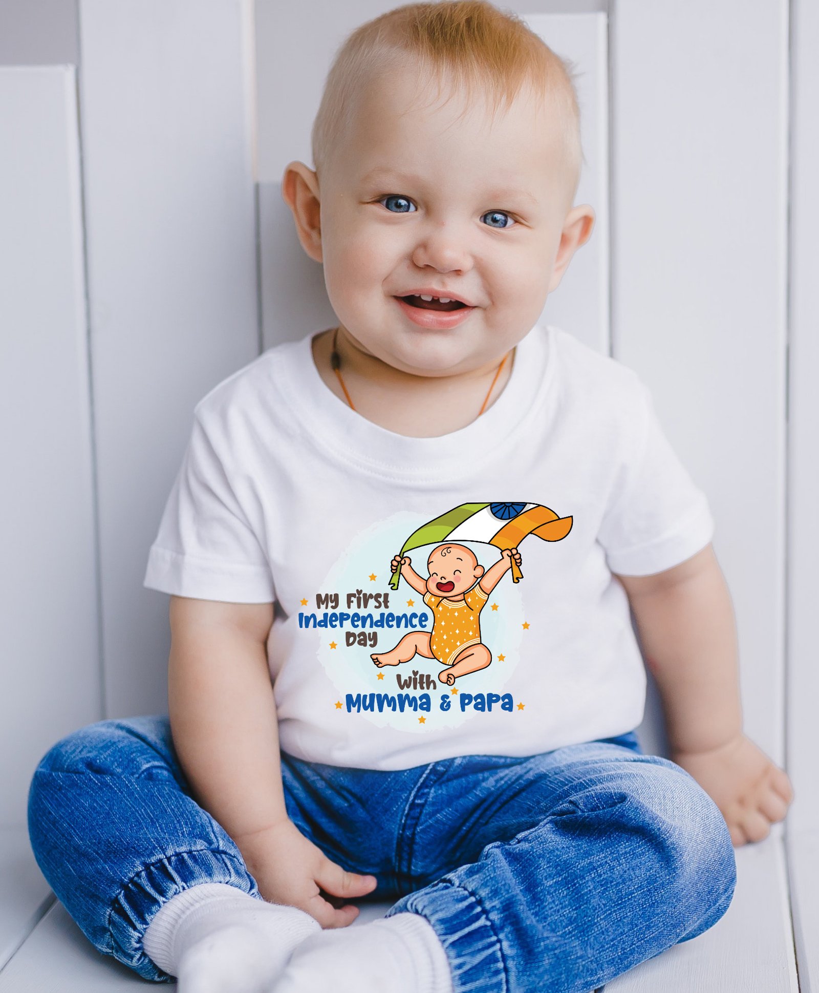 KNITROOT Independence Theme Half Sleeves First Independence Day With Mom Dad Printed Tee - White-image-41