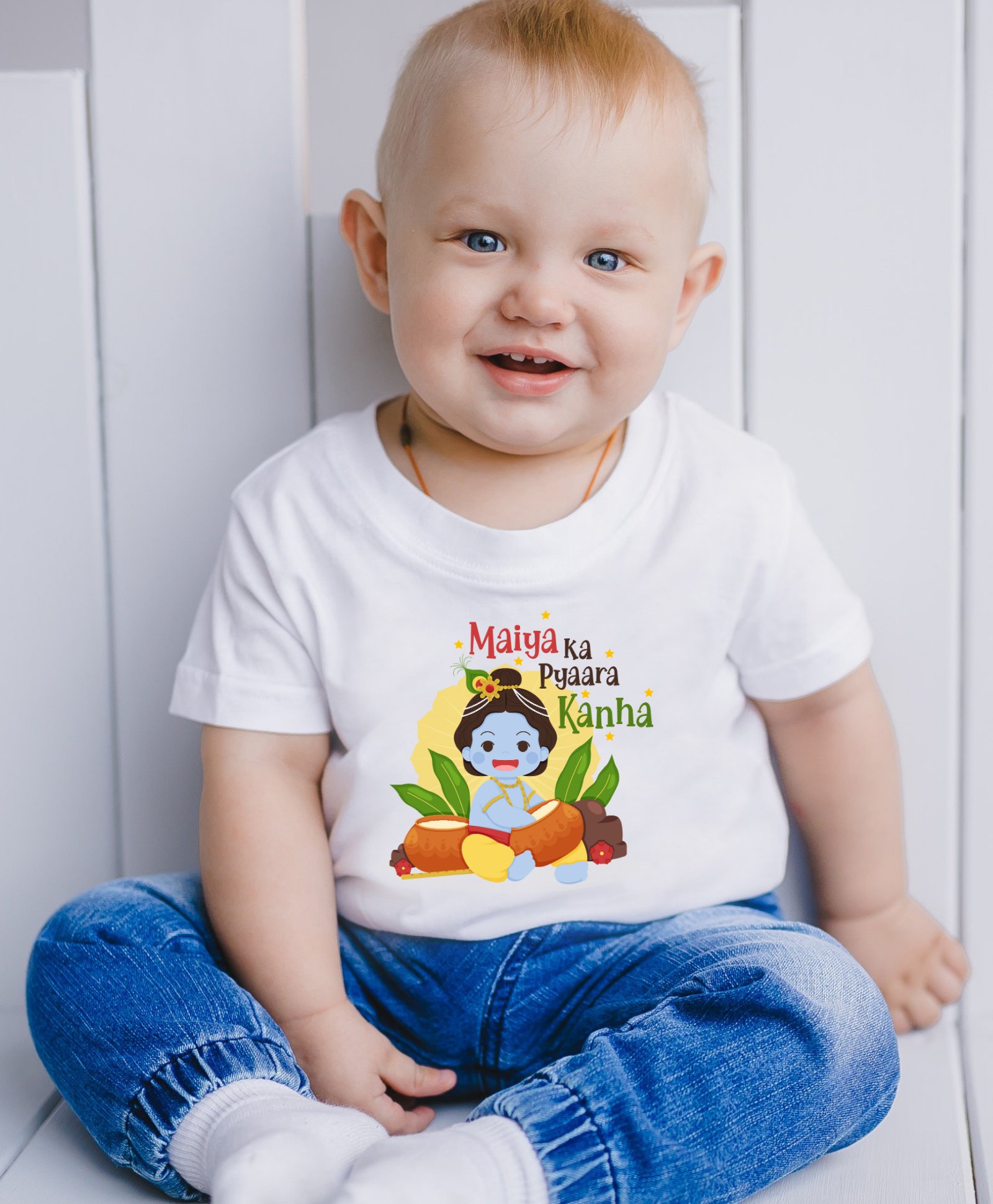 KNITROOT Janmashtami Theme Half Sleeves Maiya Ka Pyaara Kanha Printed Tee - White-picture-10