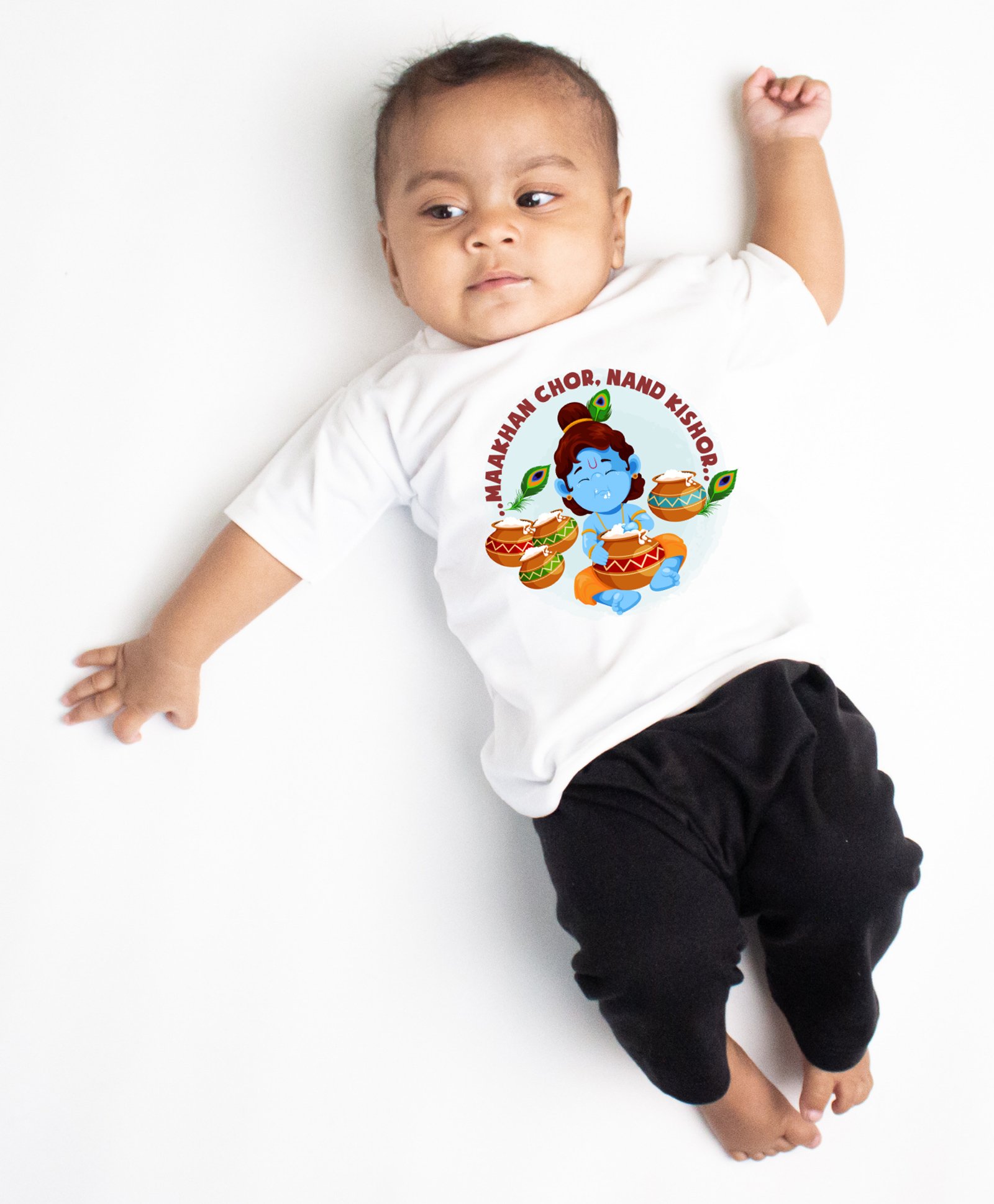KNITROOT Janmashtami Theme Half Sleeves Makhaan Chor Nand Kishor Printed Tee - White-picture-14
