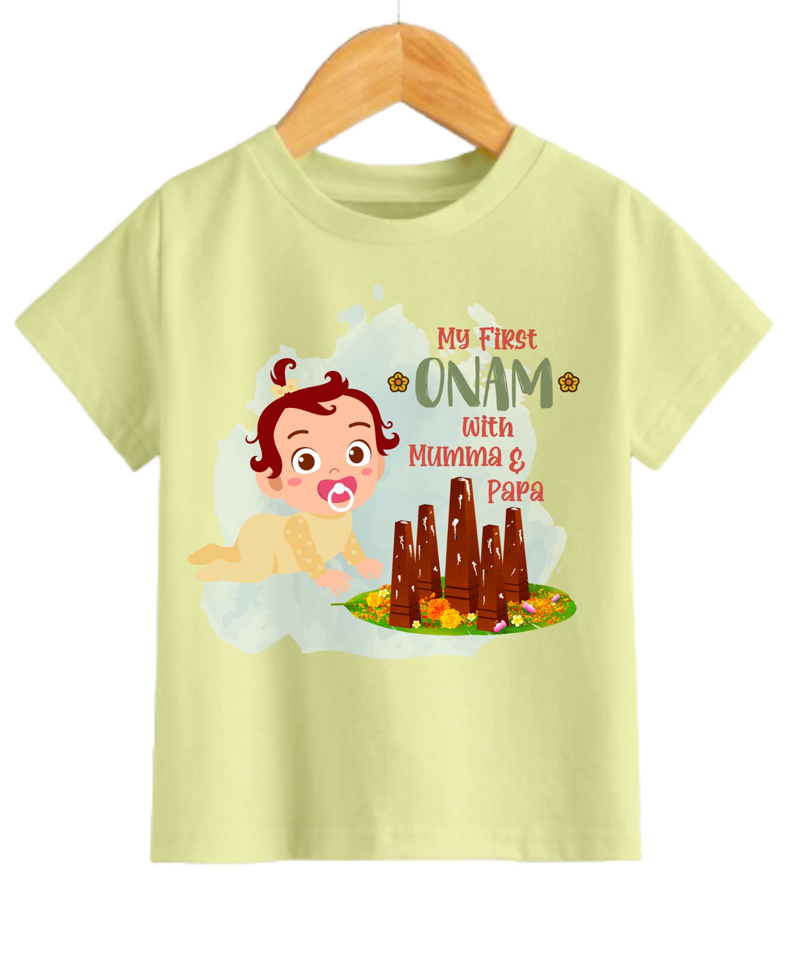KNITROOT Onam Theme Half Sleeves First Onam With Mom Dad Printed Tee - Yellow-image-40