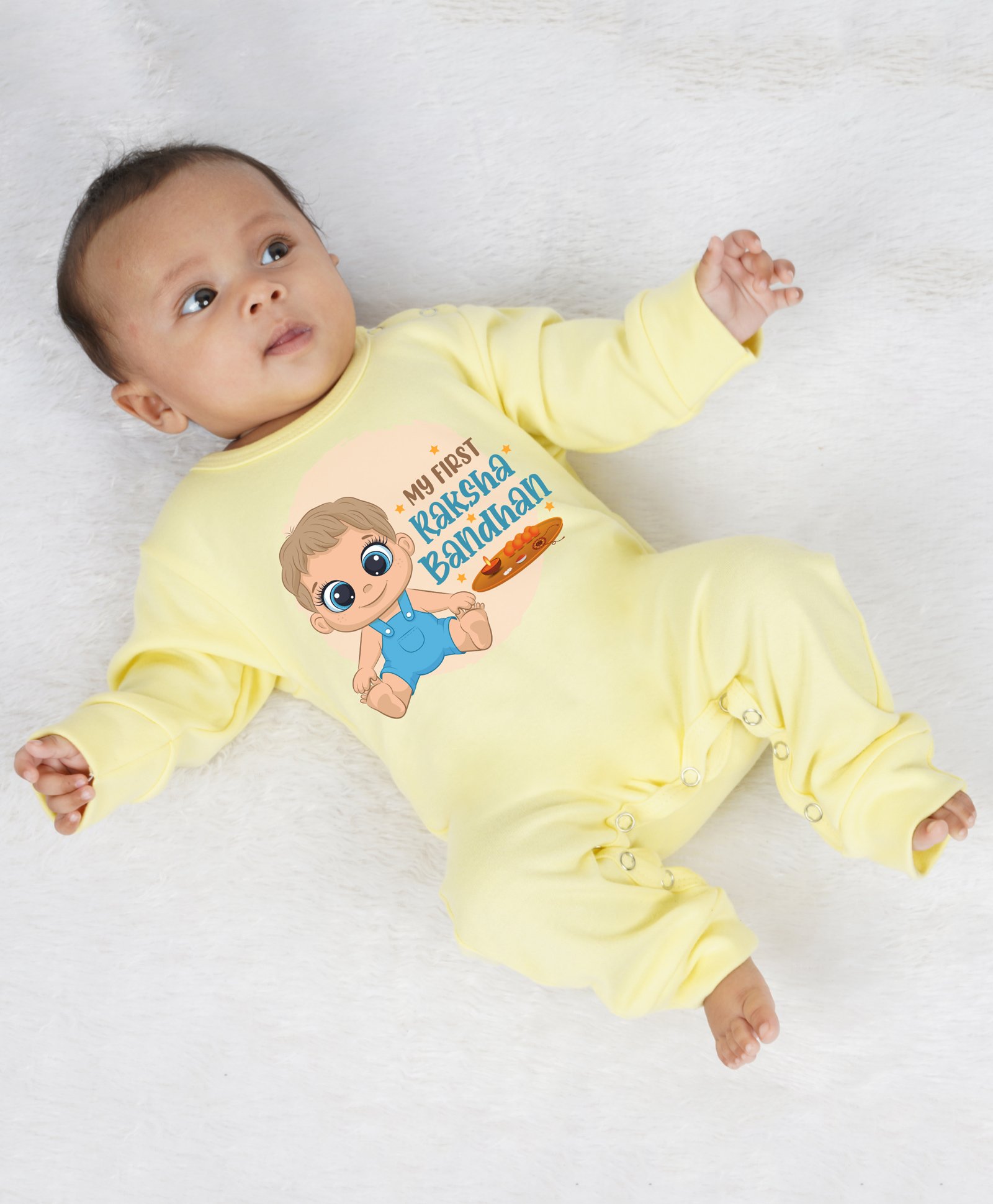 KNITROOT Full Sleeves Raksha Bandhan Theme Printed Romper - Yellow-image-24
