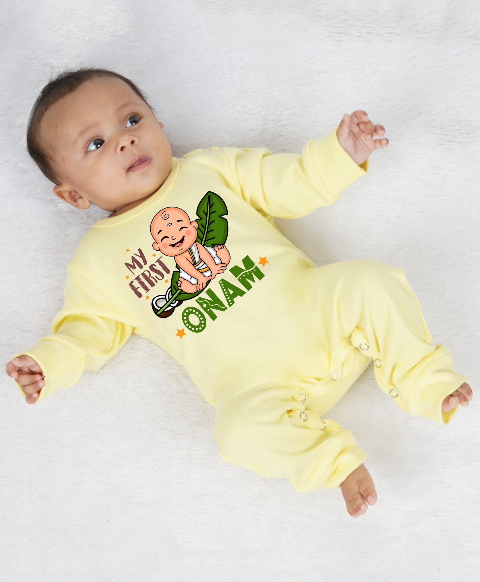 KNITROOT Full Sleeves Onam Theme Printed Romper - Yellow-image-5