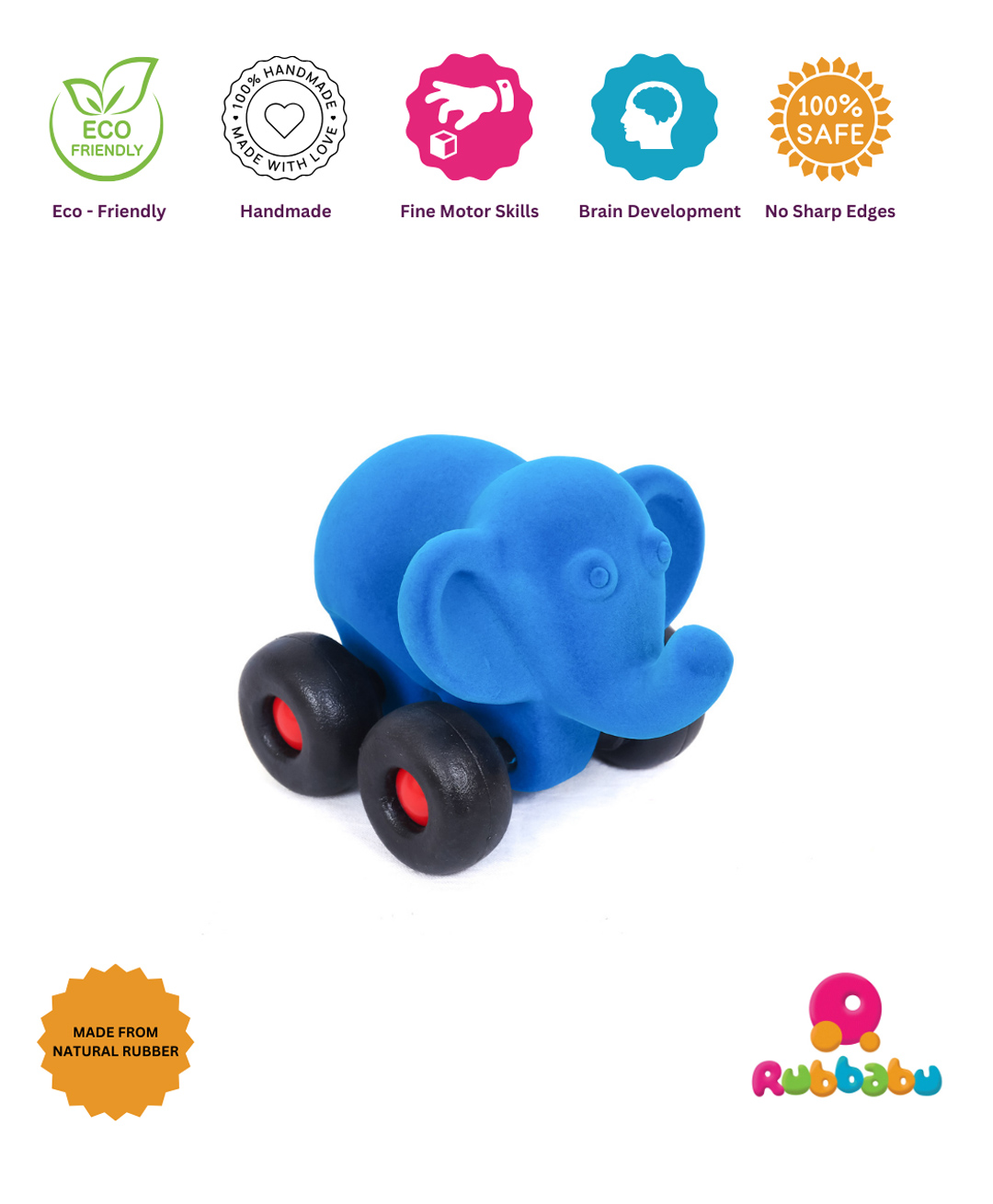 RUBBABU Natural Rubber Elephant Push & Go Toy - Blue-image-31