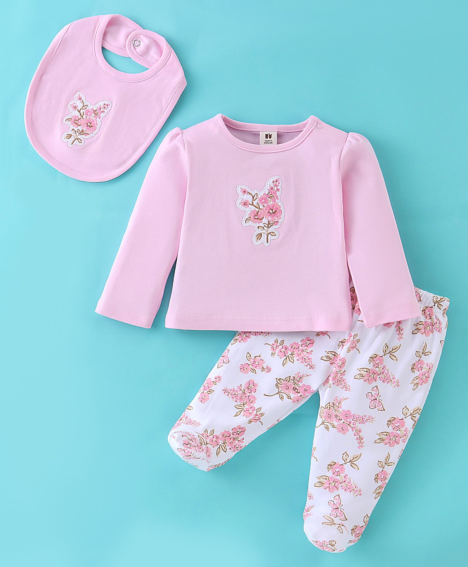 ToffyHouse Cotton Full Sleeves Night Suit with Bib Floral Print - Light Pink & White-picture-13