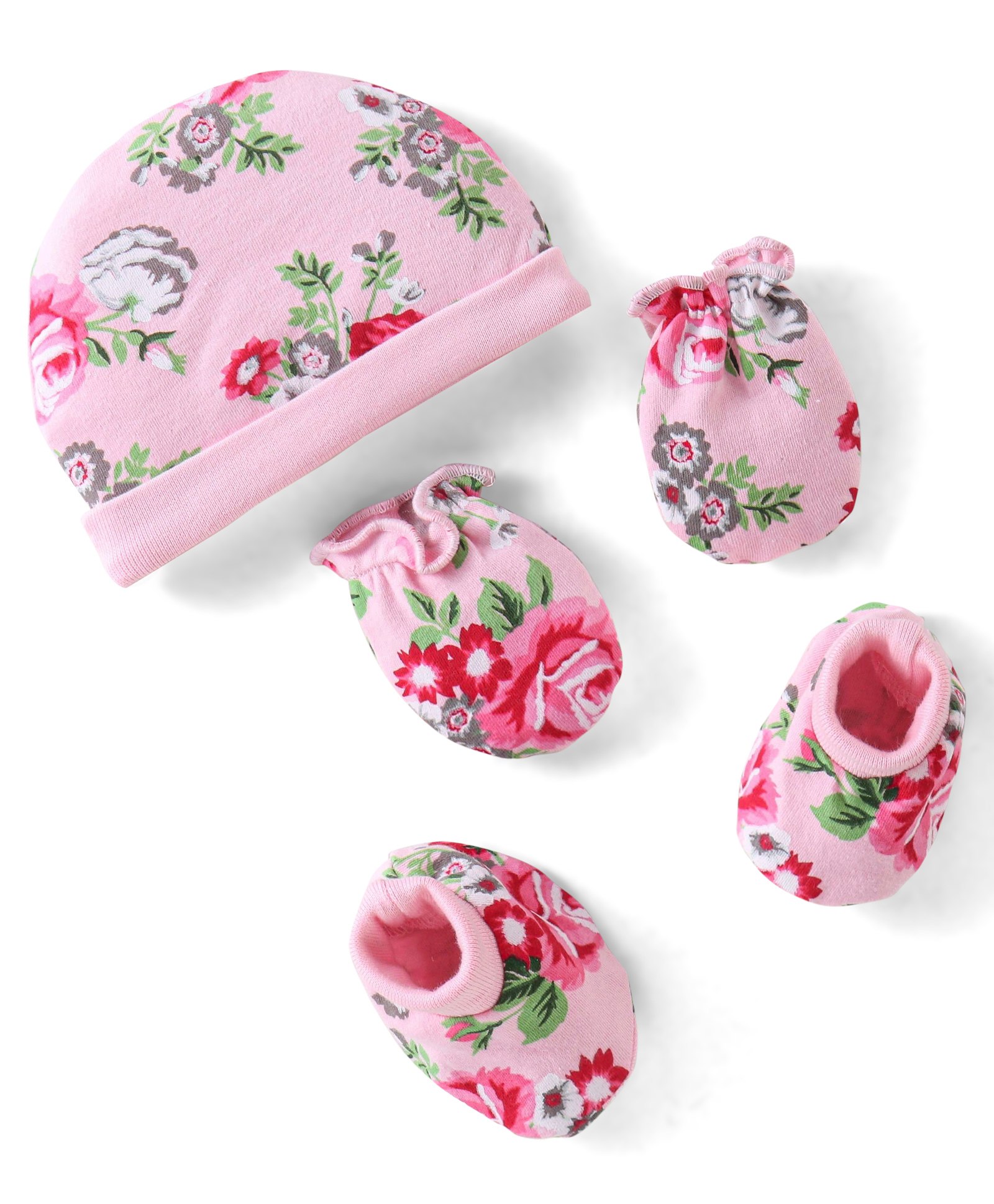 Babyhug 100% Cotton Knit Cap Mittens & Booties Set Floral Print - Pink-picture-16