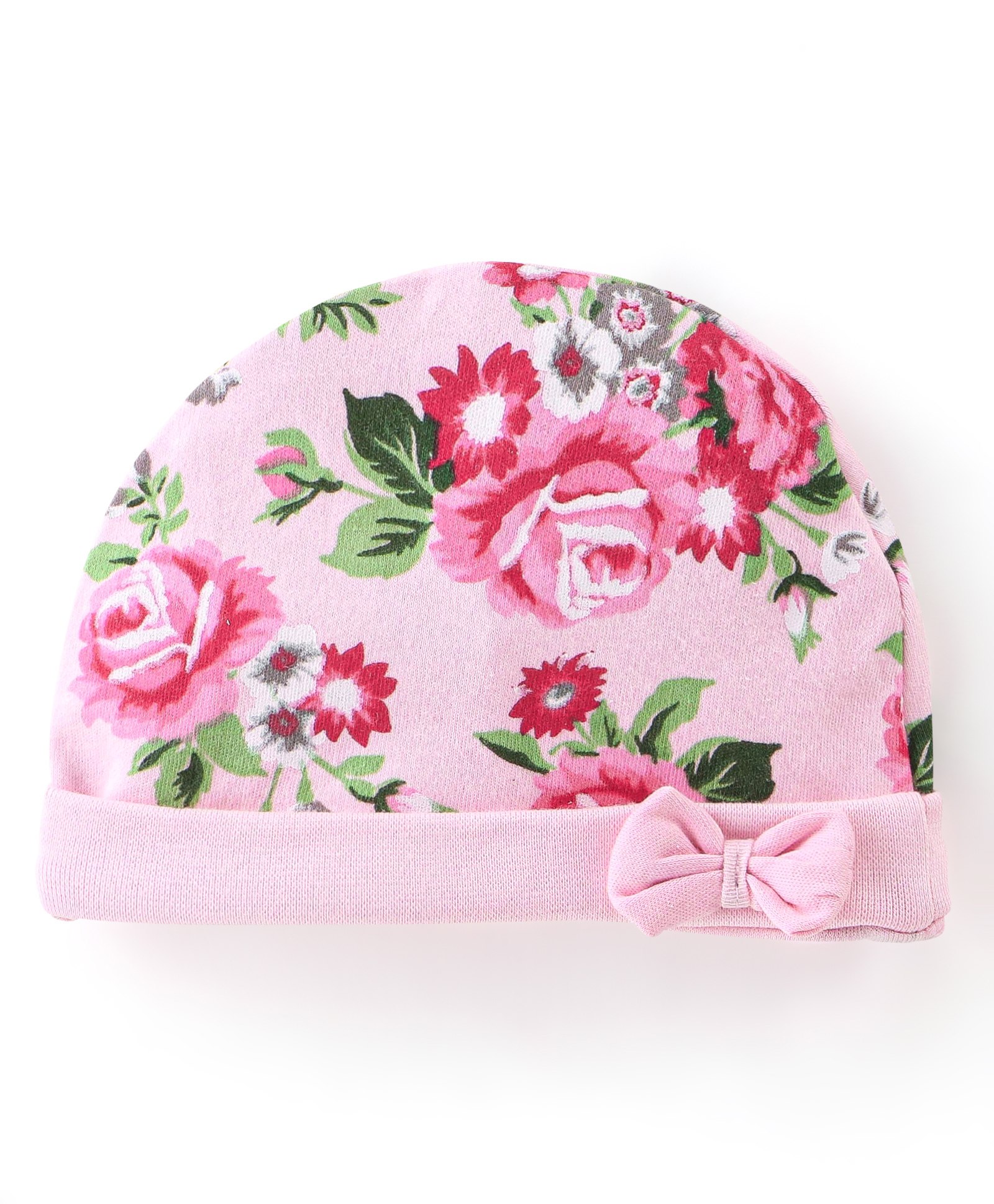 Babyhug 100% Cotton Knit Floral Print Cap with Bow Applique - Pink-picture-26