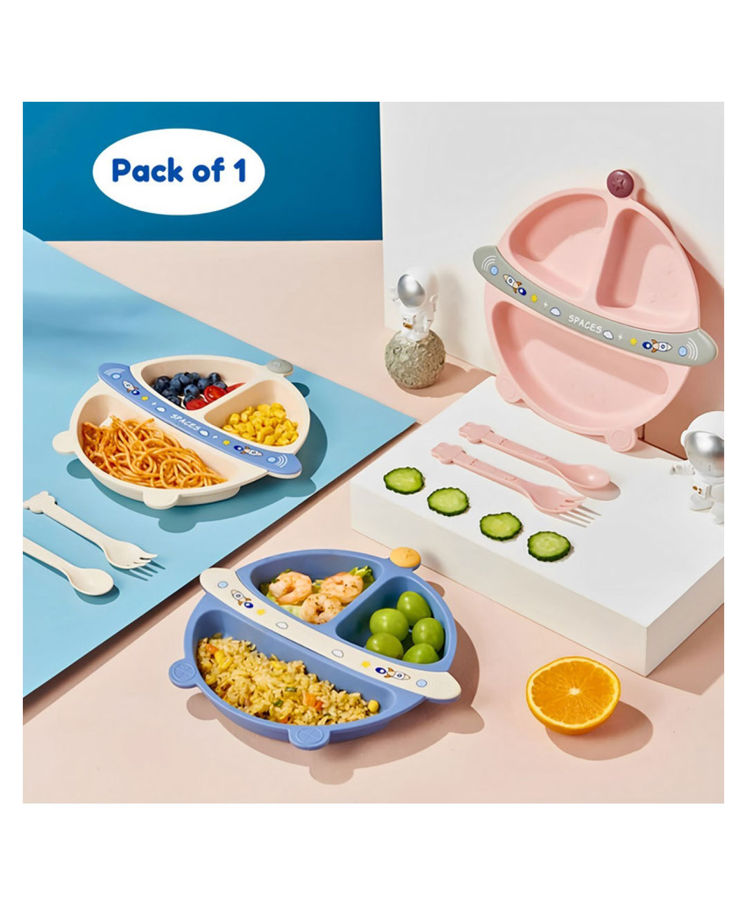 Puchku Baby Dinnerware set utensils for baby Divider Food Plate Space Theme Pack of 1 (Colour May Vary)-image-41