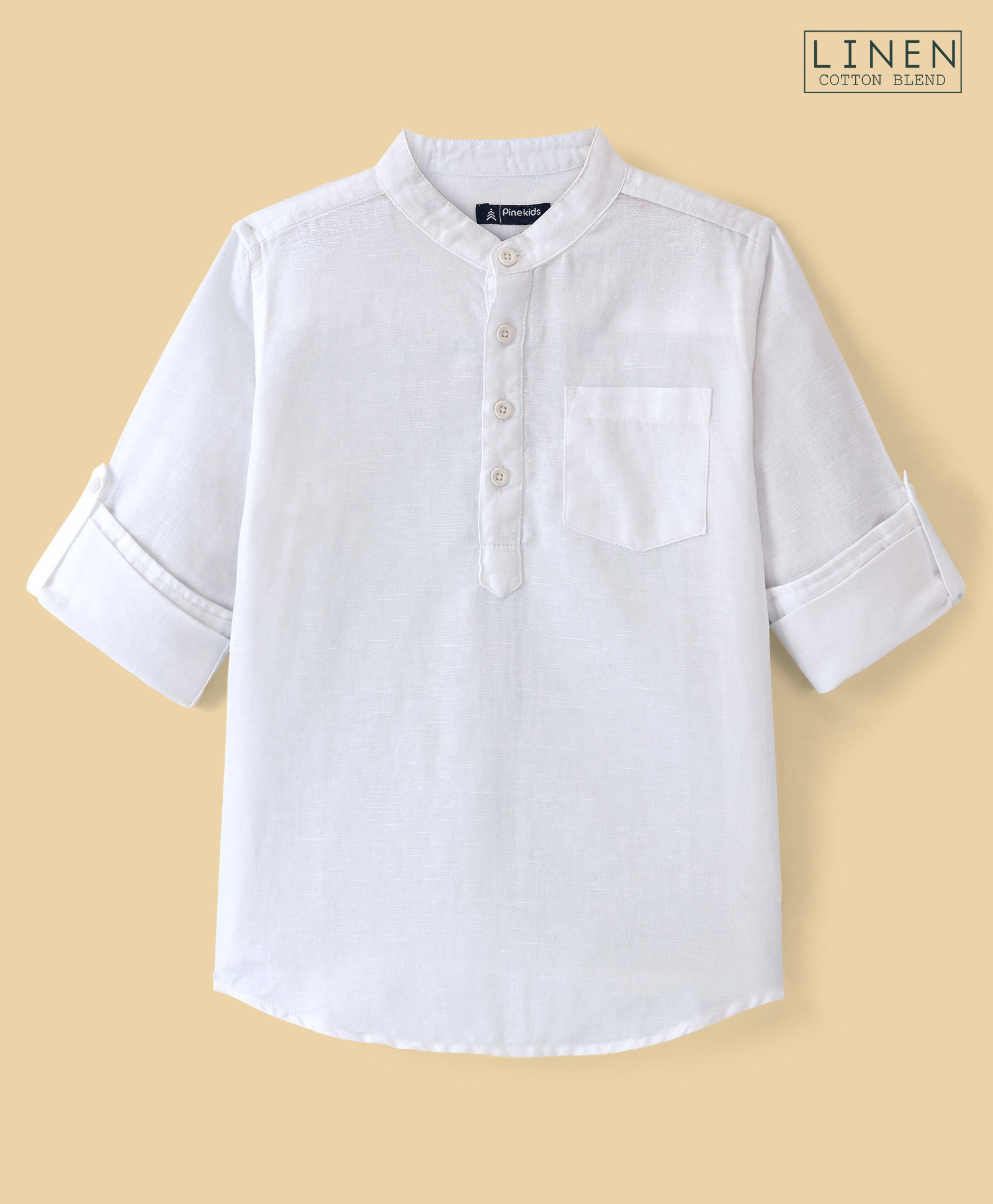 Pine Kids Roll up Full Sleeves Cotton Linen Single Pocket Mandarin Collar Shirt - White-image-15
