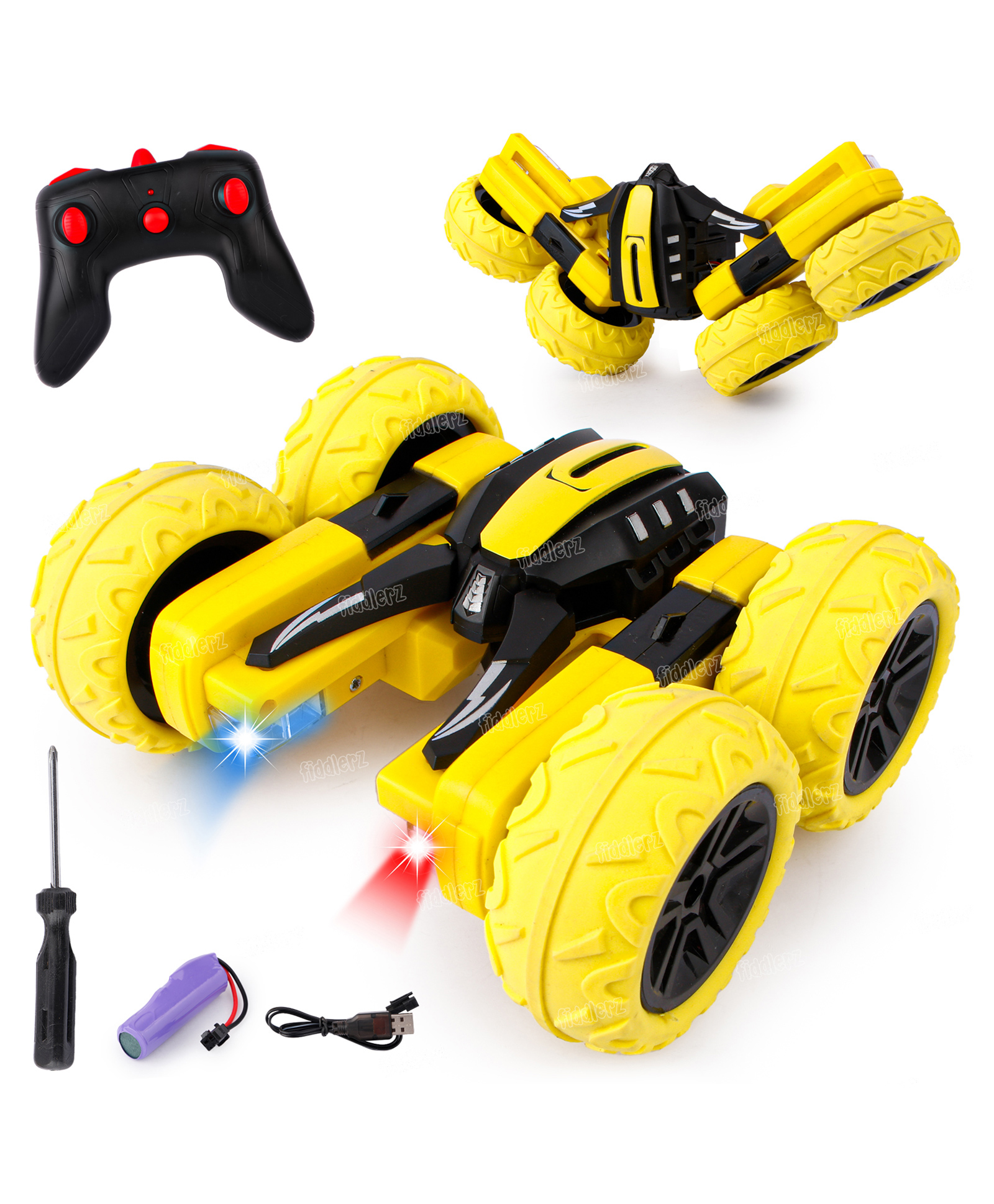 Fiddlerz Rechargeable RC Cars Double Sided Swing Arm 360 Degree Flips Rotating 4WD - Yellow-image-22