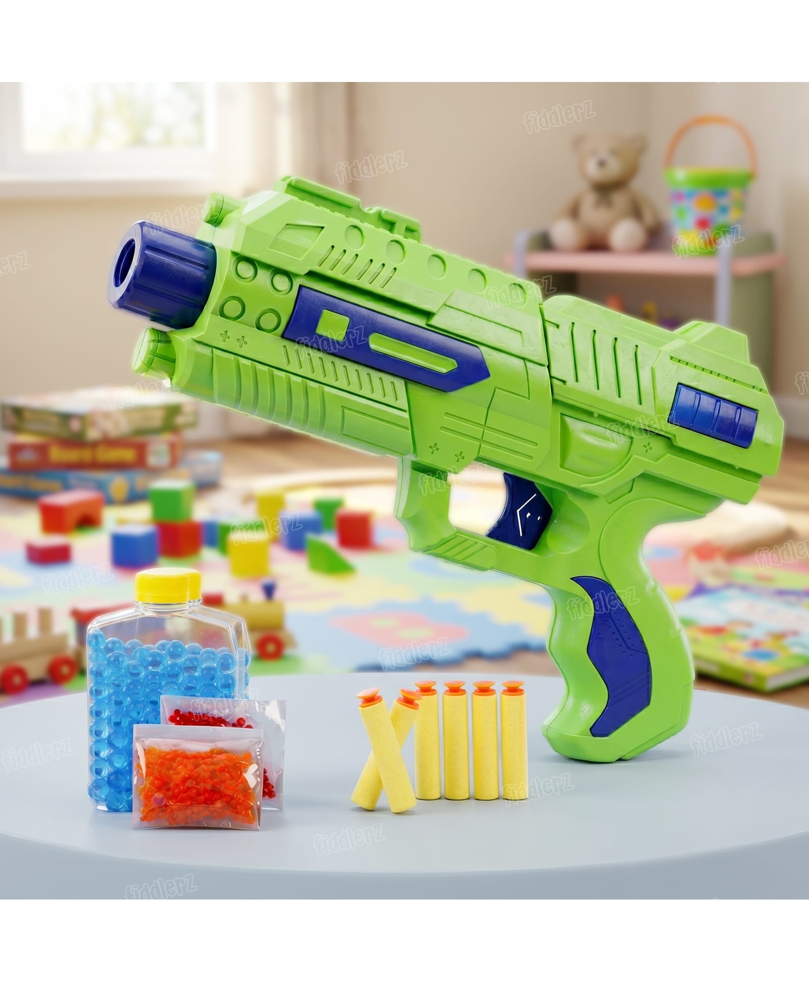Fiddlerz Toy Gun For Kids 2 in 1 Shooting Game Gun Toy With 6 Soft Darts Shooter & 600 Pcs Jelly Balls Shots Toys - Green-picture-14