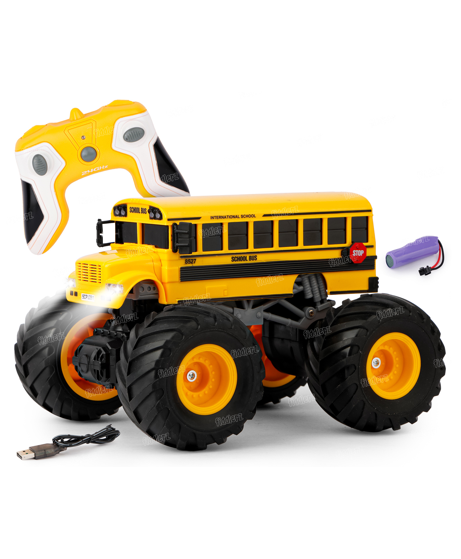 Fiddlerz Remote Control Toy for Boys RC School Bus truck with Sounds LED Lights High Speed Offroad RC Racing Car USB Rechargeable Monster Trucks for Kids - Yellow-image-47