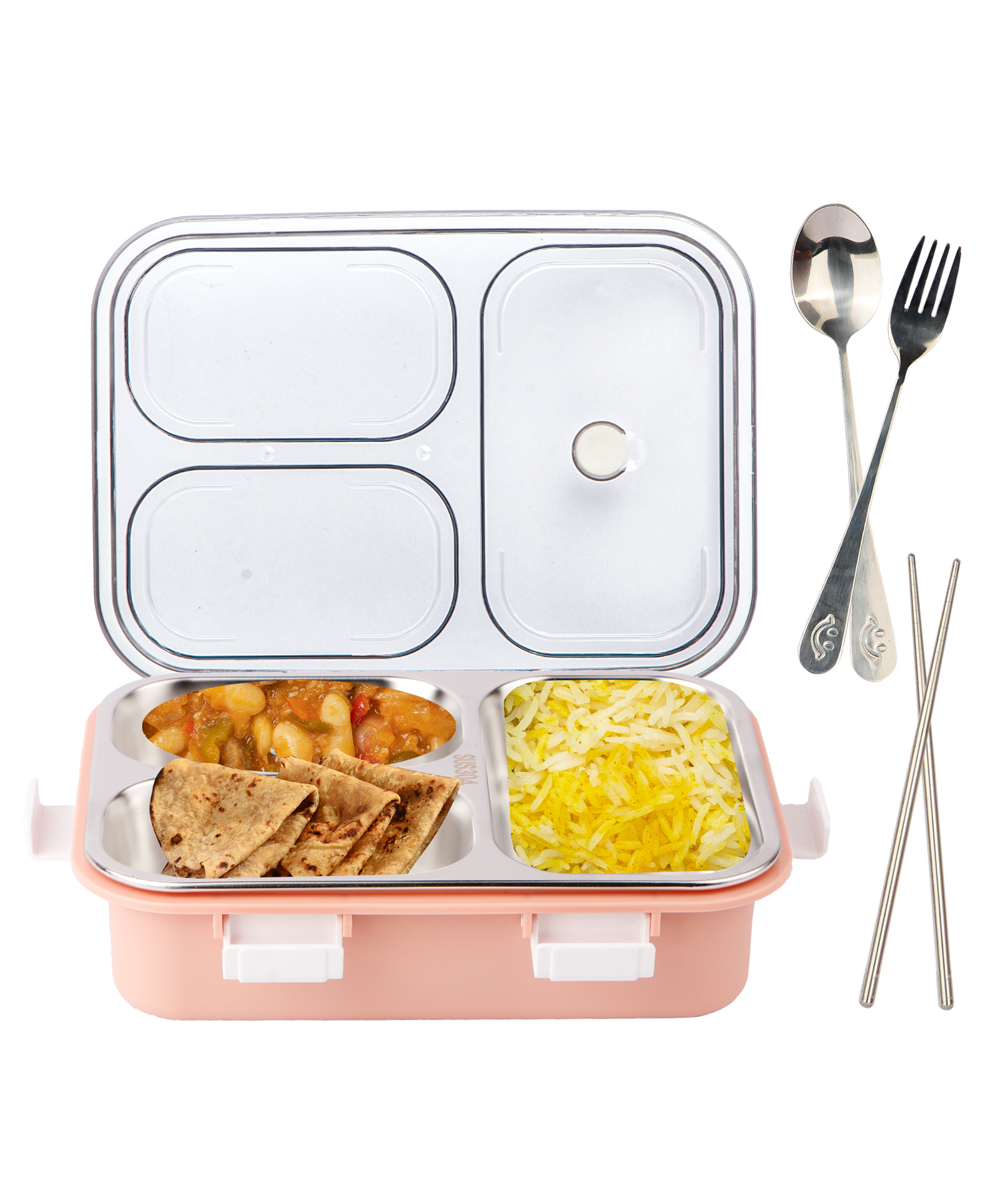 Fiddlerz Lunch Box With 3 Compartments Tiffin Box Stainless Steel with Spoon & Fork Eco-Friendly Lunch Food Containers for School Office  - Multi Color-image-41