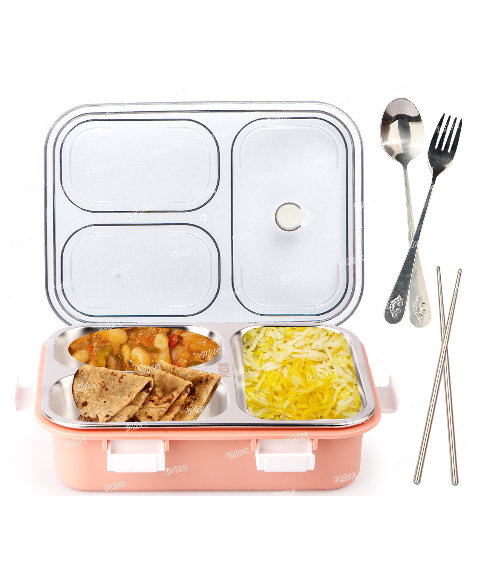 Fiddlerz Lunch Box With 3 Compartments Tiffin Box Stainless Steel with Spoon & Fork Eco-Friendly Lunch Food Containers for School Office  - Pink-image-44