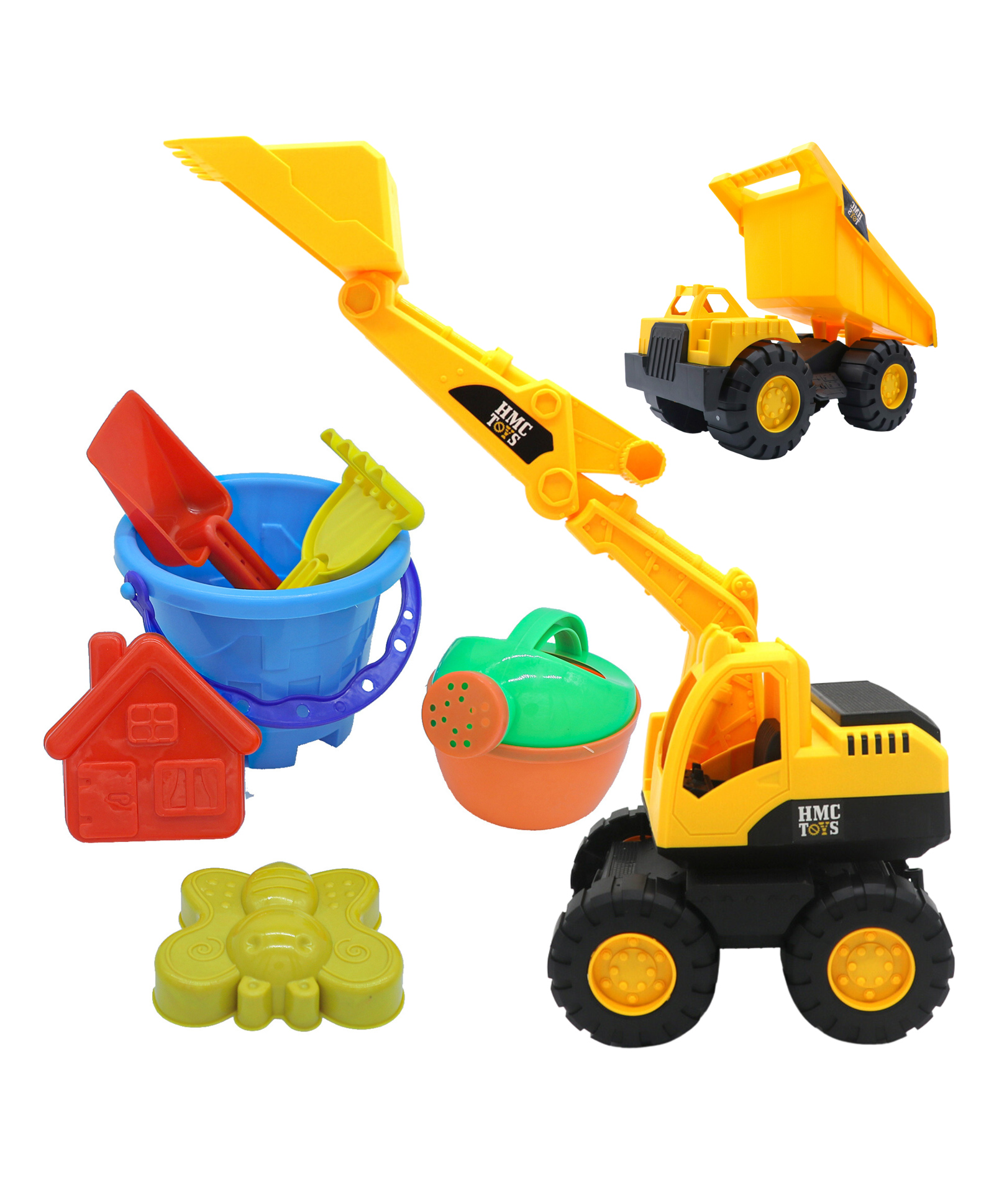 Bit Feex Combo Beach Set Dumper, Excavator and Beach Set Excavator and Dumper Big Unbreakable Excavator Toy Bulldozer Construction Vehicles Dumpr Truck - Multicolor-image-6