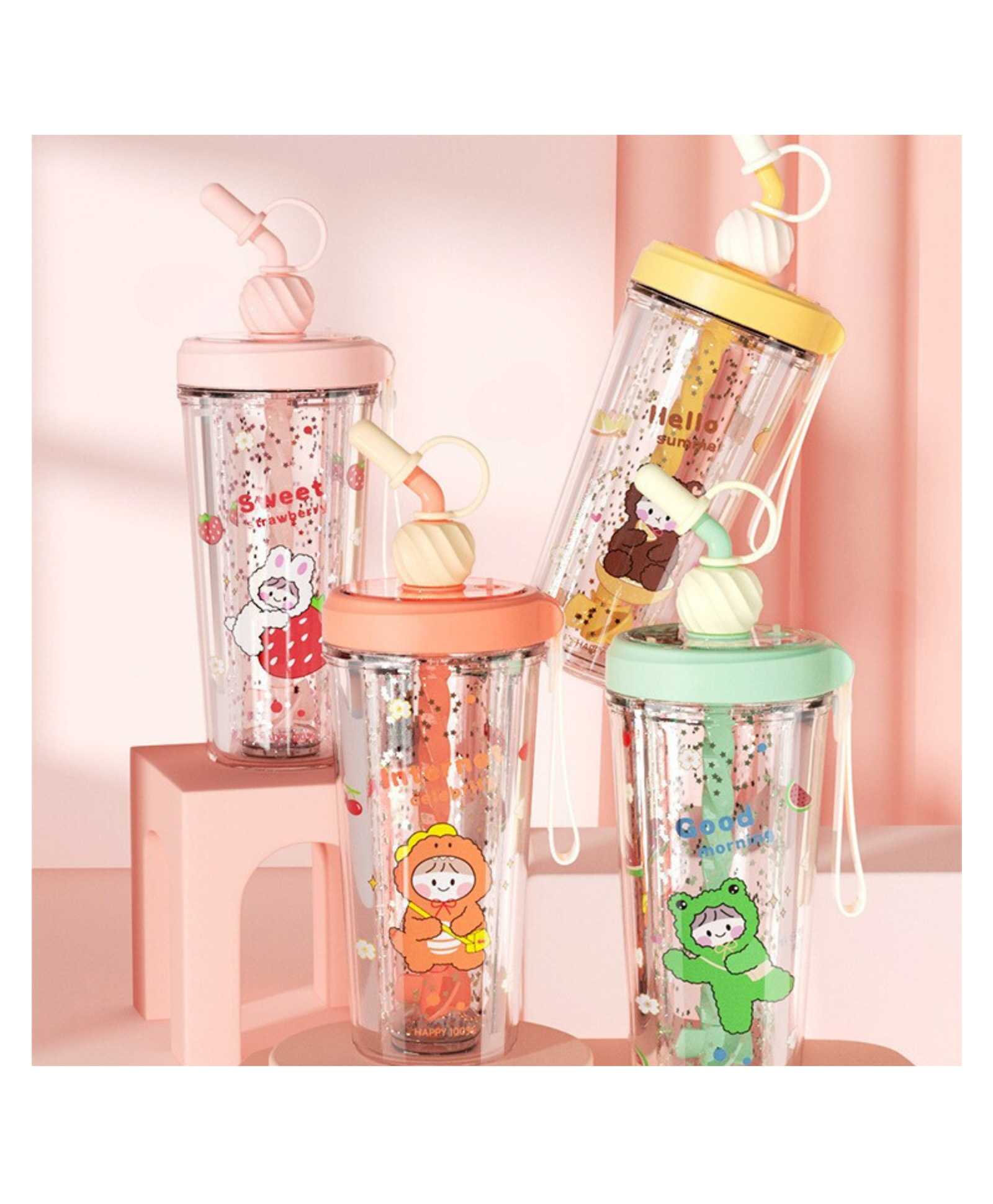 BitFeex Creative Straw Rotate Up Down Reusable Glitter Tumbler Sipper Cup With Lid and Straw - 400 ml (Colour May Vary)-picture-32