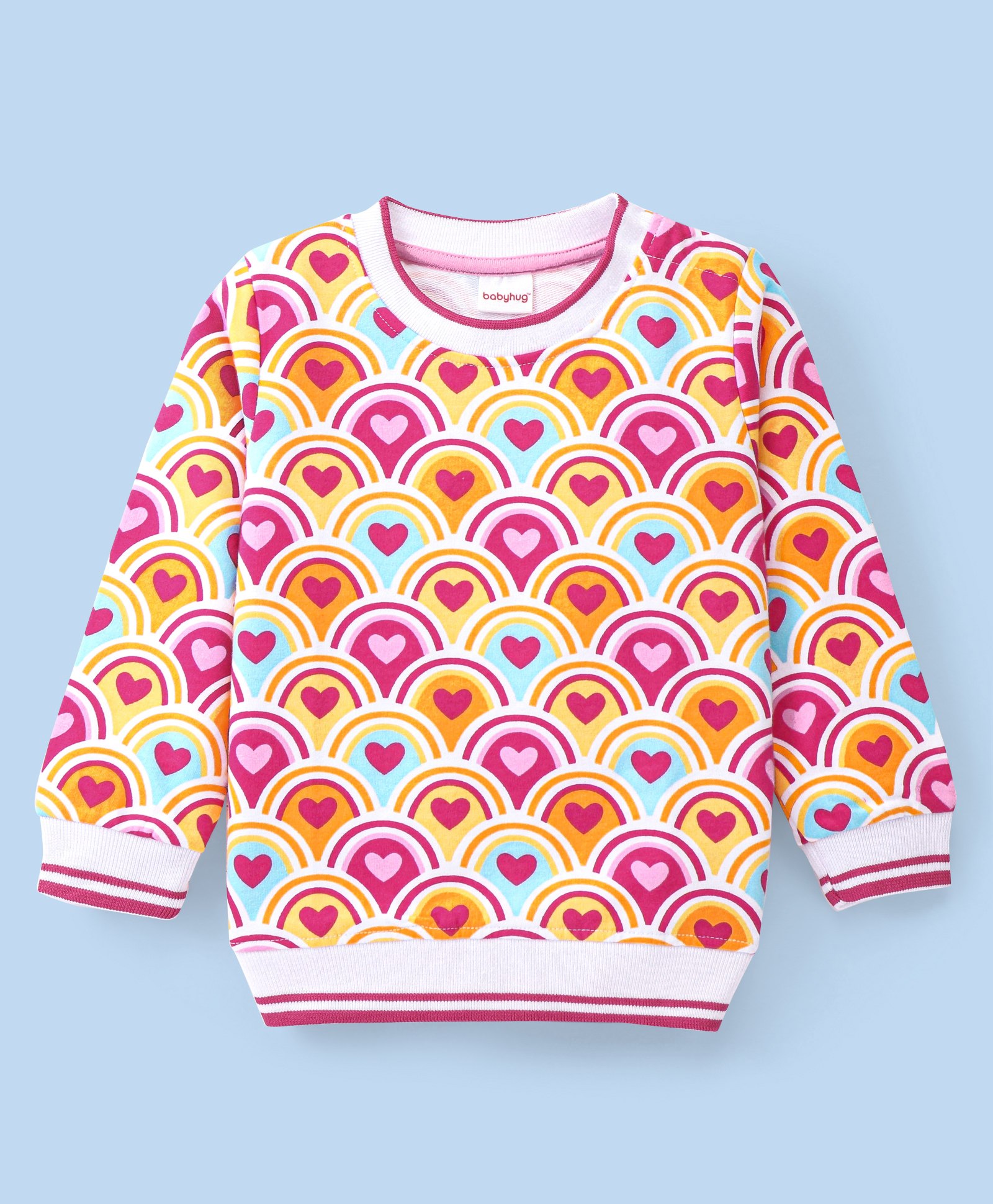 Babyhug 100% Cotton Full Sleeves Sweatshirt with Heart Graphics Print - Pink  & Orange-image-18