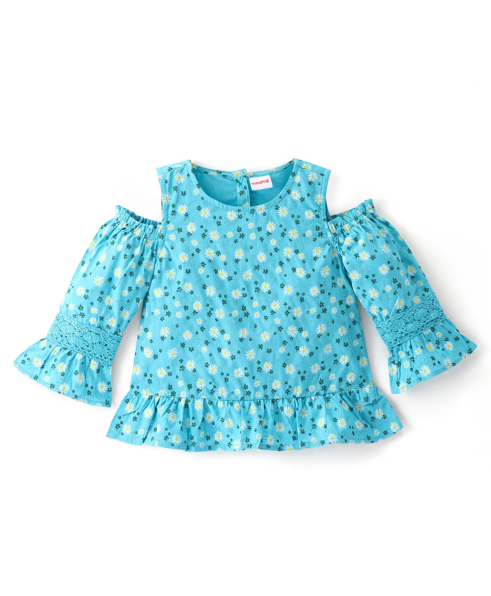 Babyhug Rayon Full Sleeves Cold Shoulder Floral Printed with Lace Detailing Top - Blue-picture-15