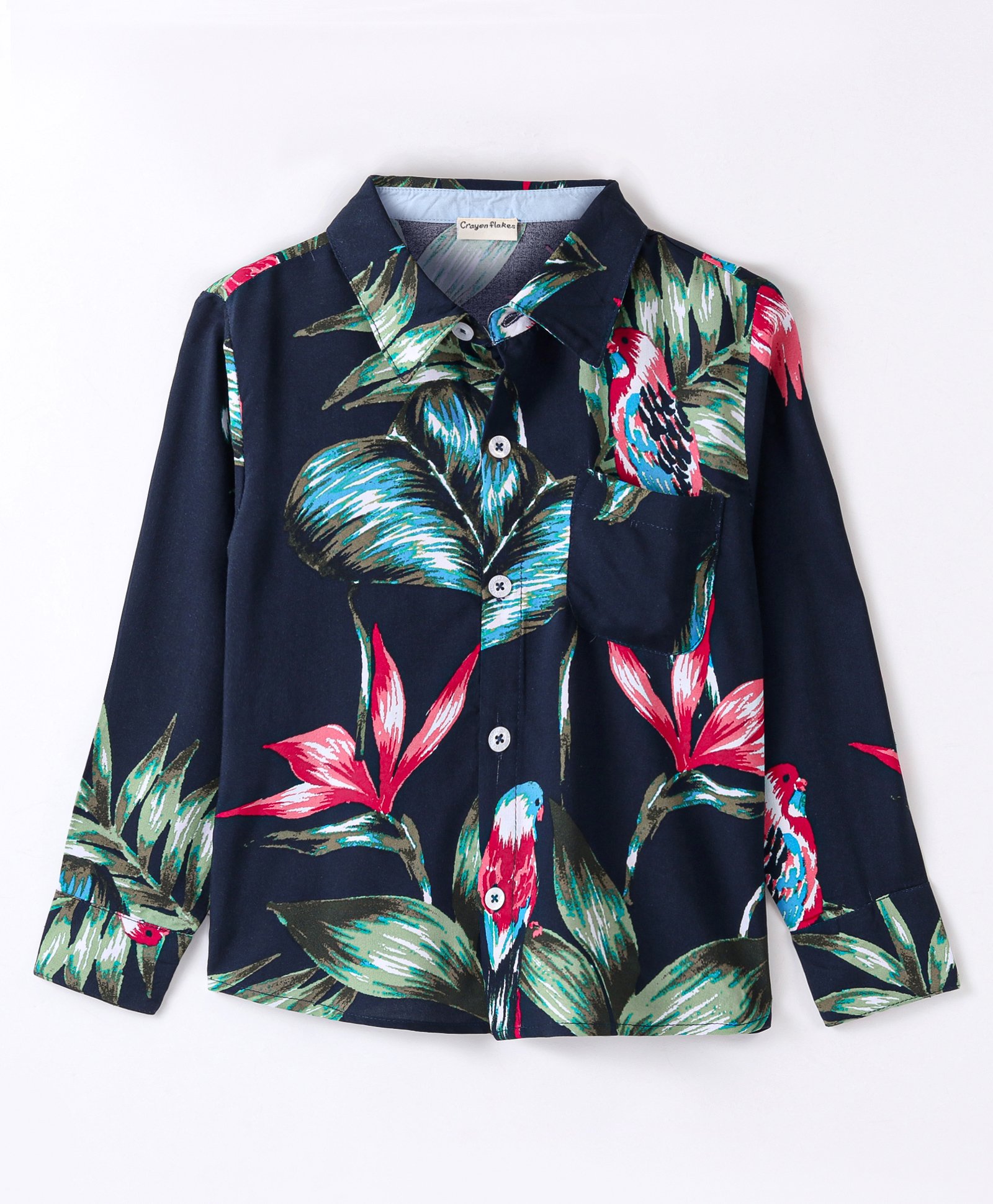 CrayonFlakes Jungle Theme Full Sleeves Wild Leaves & Flowers Printed Shirt - Navy Blue-picture-26