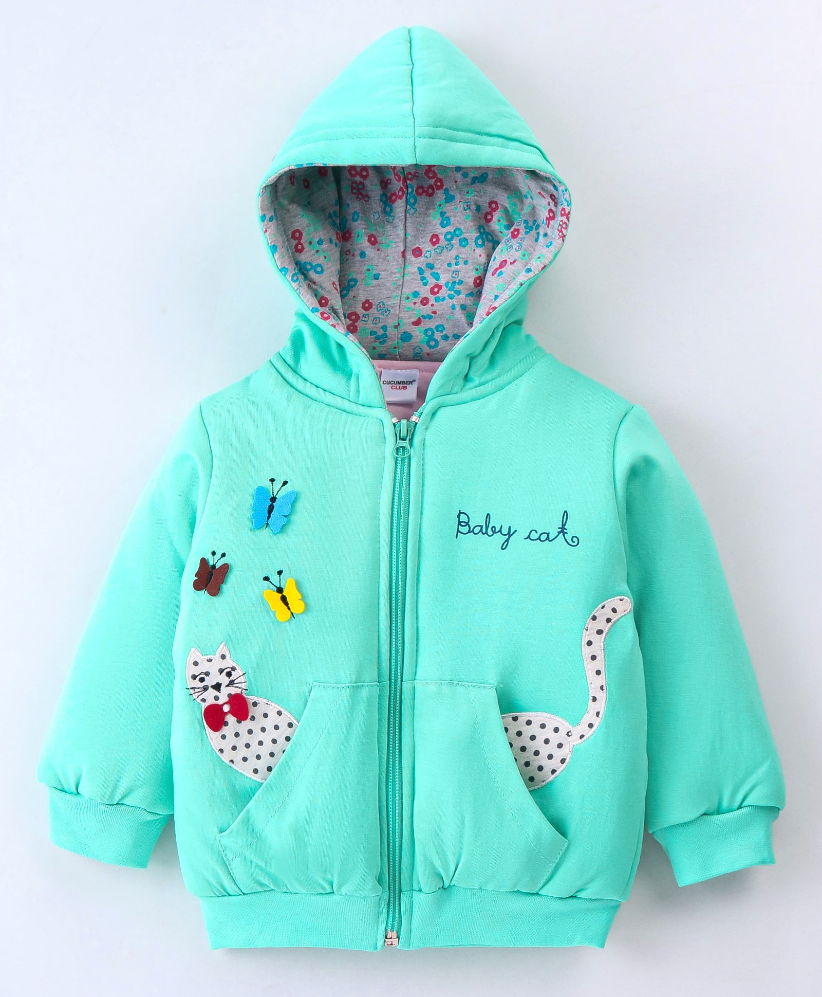 Cucumber Full Sleeves Hooded Sweatshirts With Floral & Cat Embroidery - Sea Green-picture-23