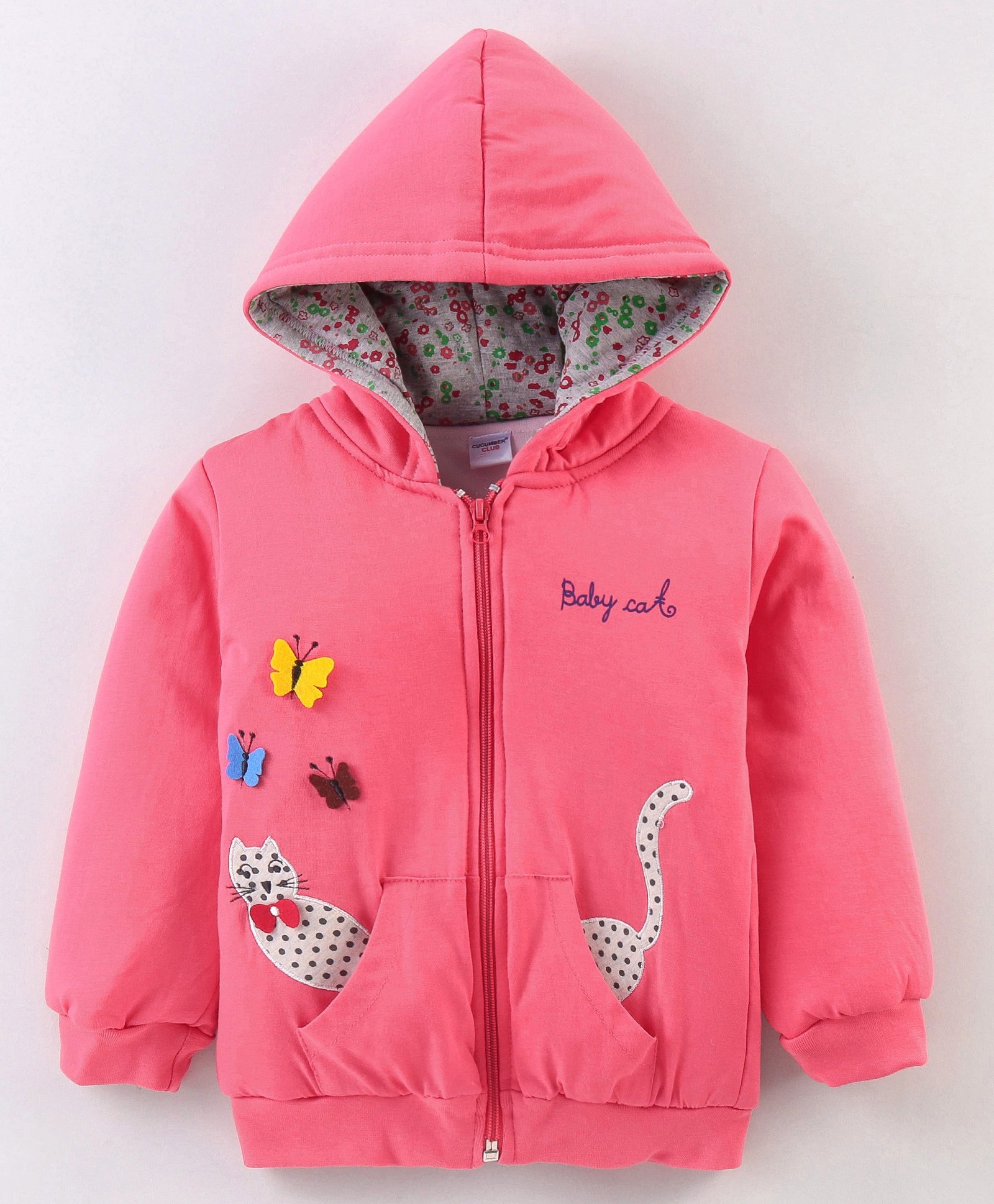 Cucumber Full Sleeves Hooded Sweatshirts With Floral & Cat Embroidery - Red-image-45