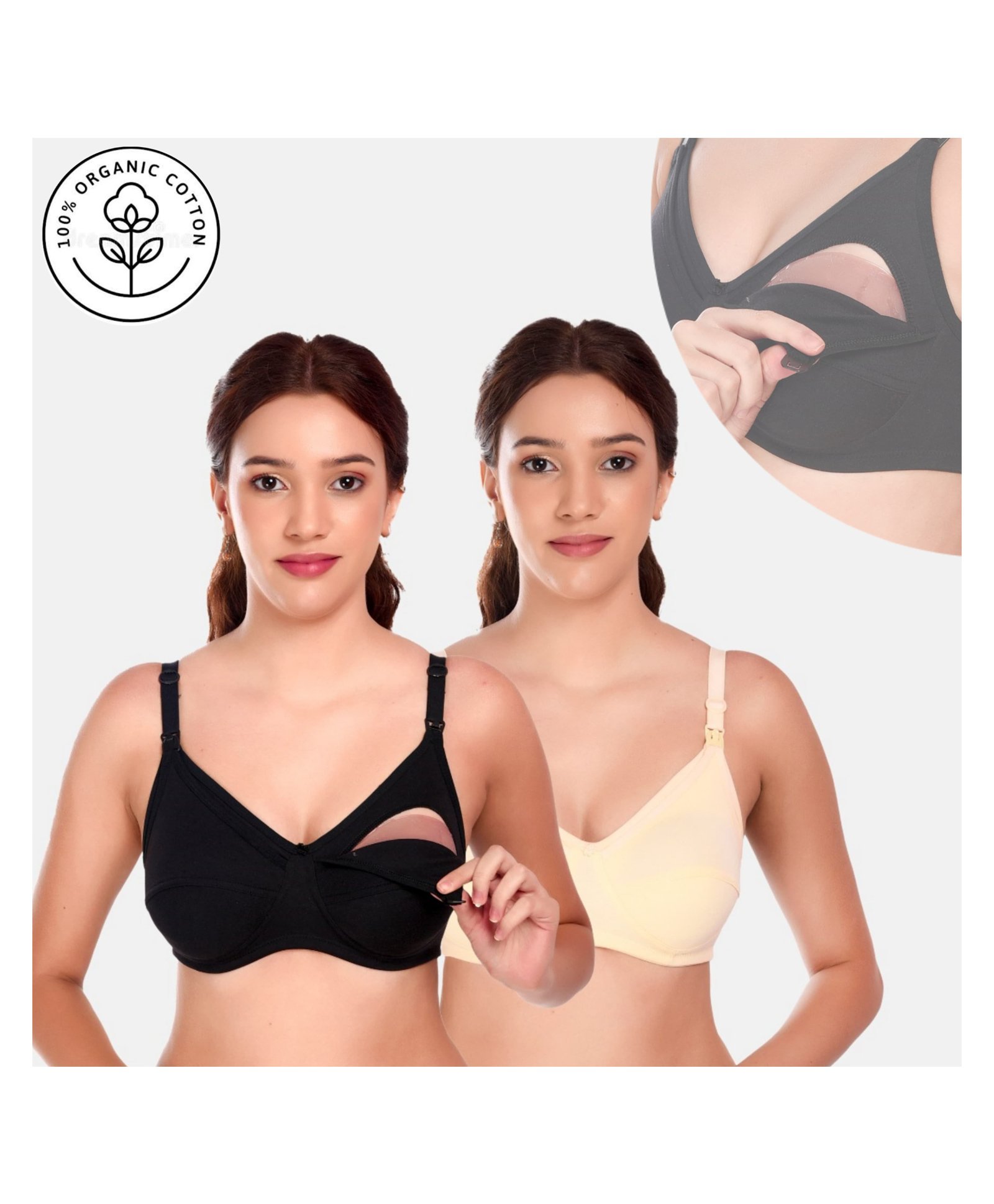 Elite Mom Pack Of 2 Solid Maternity Nursing Bra - Black & Beige-image-26