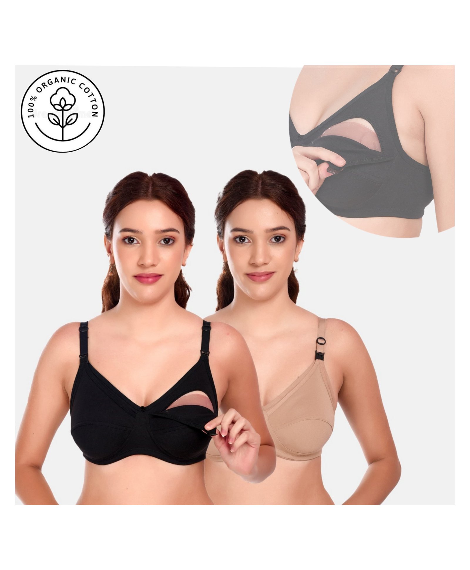 Elite Mom Pack Of 2 Solid Maternity Nursing Bra - Black & Beige-image-49