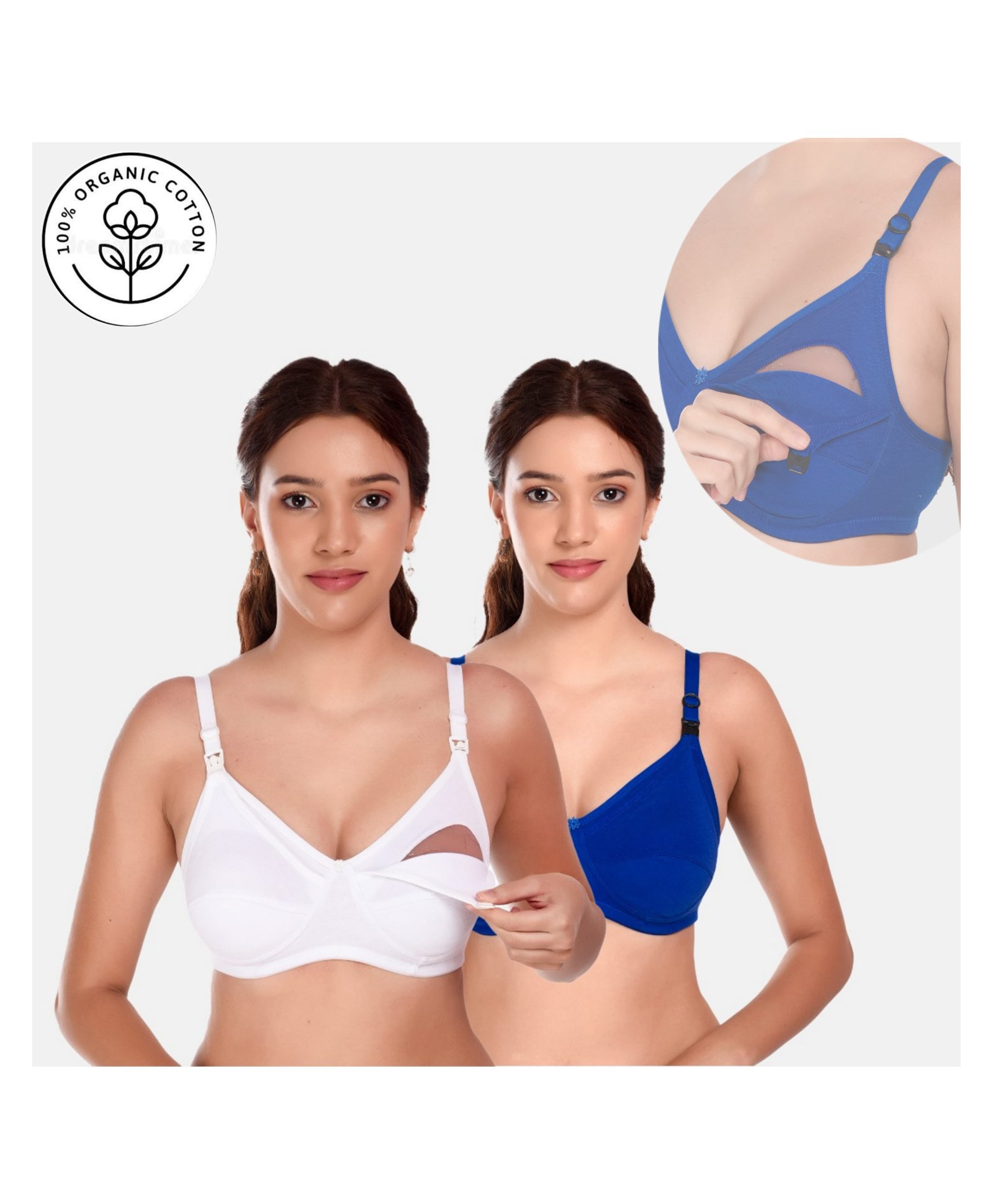 Elite Mom Pack Of 2 Solid Maternity Nursing Bra - White & Blue-image-45