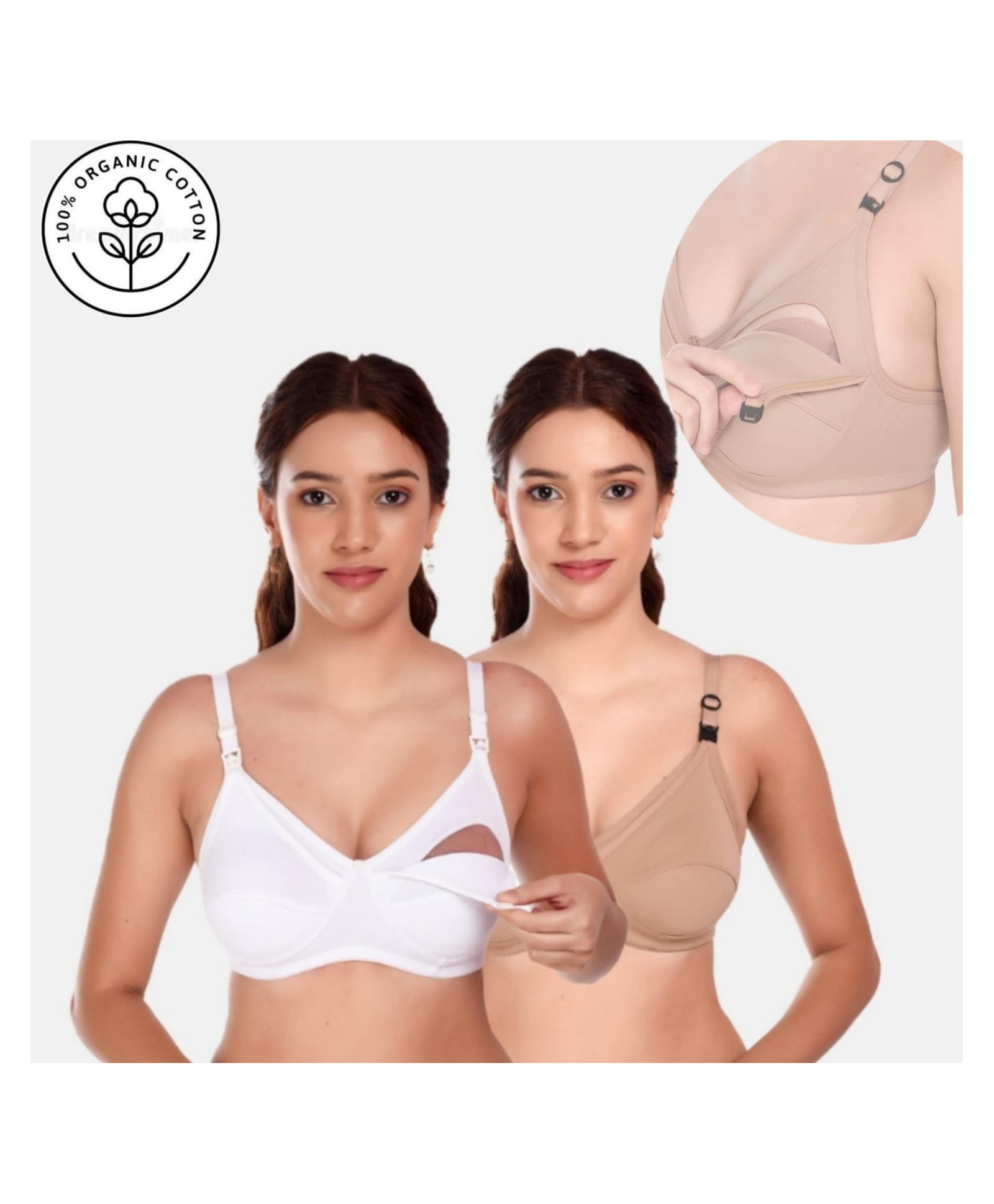 Elite Mom Pack Of 2 Solid Maternity Nursing Bra - White & Beige-picture-22