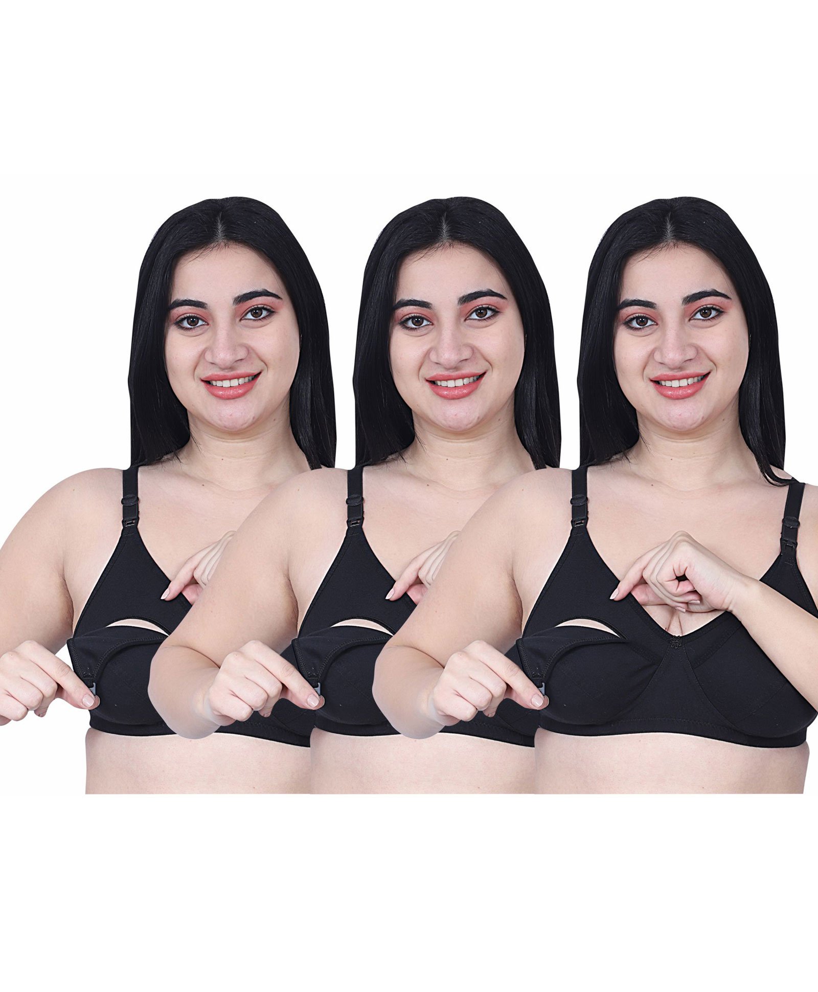Elite Mom Pack Of 3 Solid Maternity Nursing Bra - Black