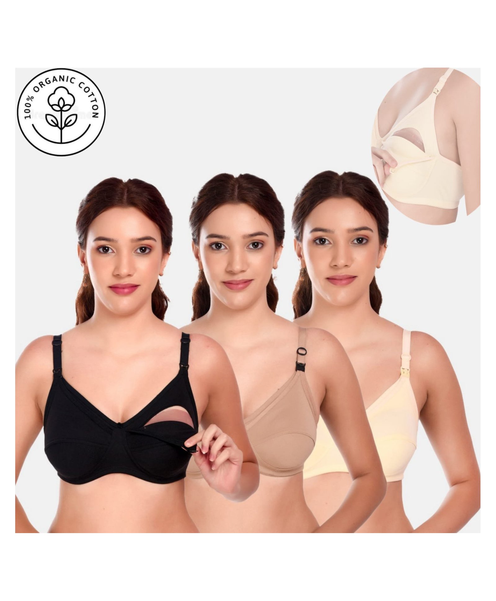 Elite Mom Pack Of 3 Solid Maternity Nursing Bra - Black, Beige & White-picture-36