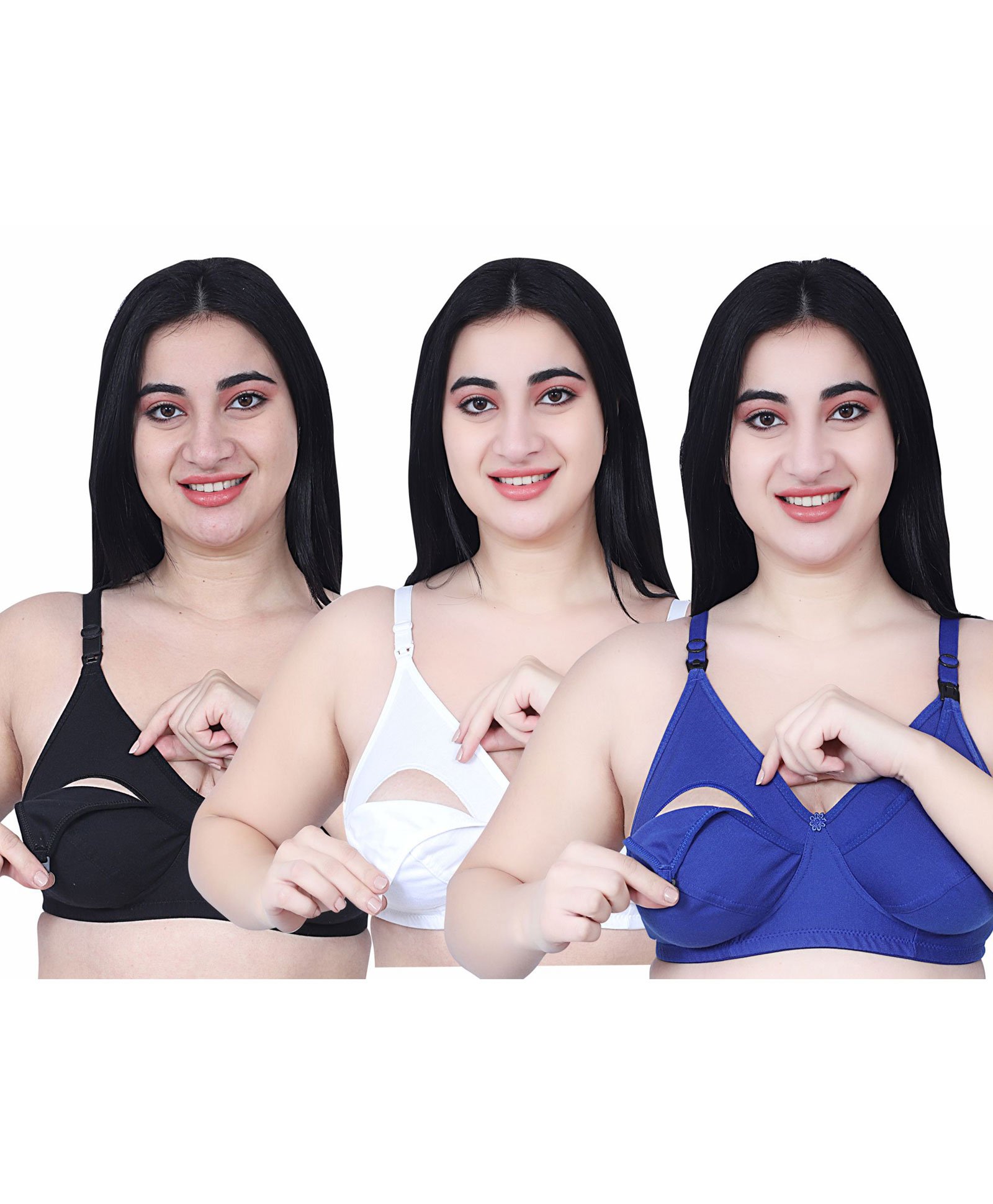 Elite Mom Pack Of 3 Solid Maternity Nursing Bra - Black, Skin & Blue-image-46