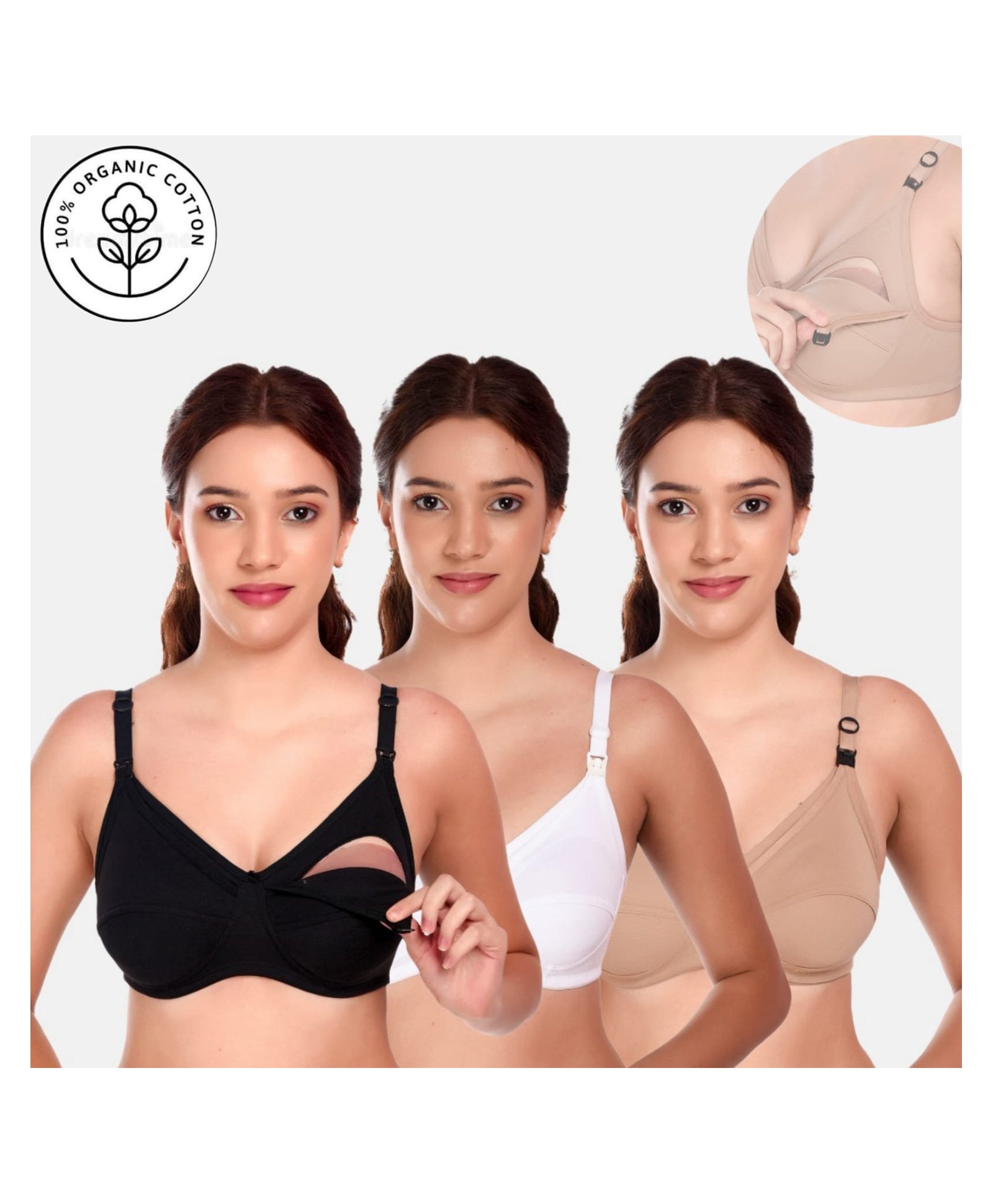 Elite Mom Pack Of 3 Solid Maternity Nursing Bras - Black White & Beige