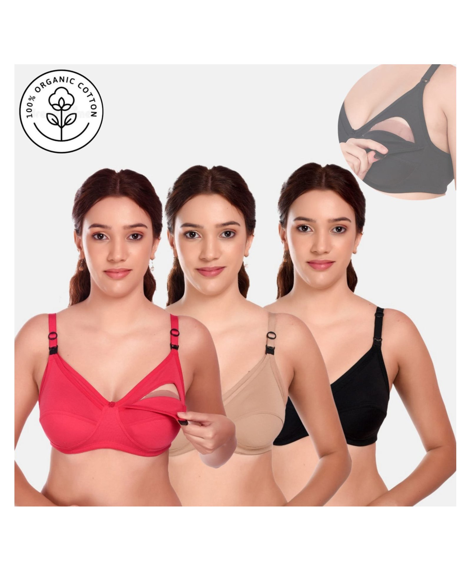 Elite Mom Pack Of 3 Solid Maternity Nursing Bra - Pink Beige & Black-image-42