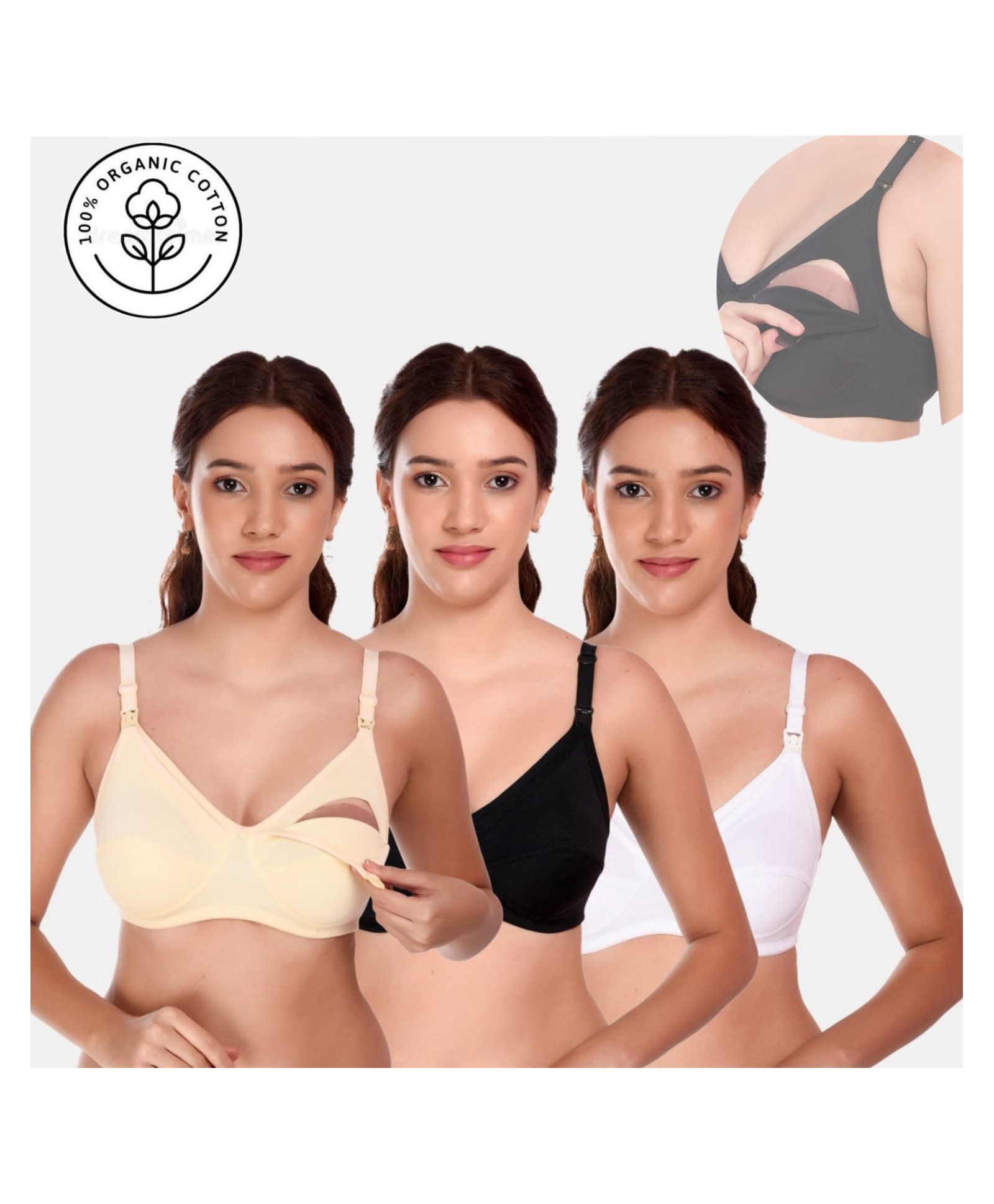 Elite Mom Pack Of 3 Solid Maternity Nursing Bra - Black & White-picture-45
