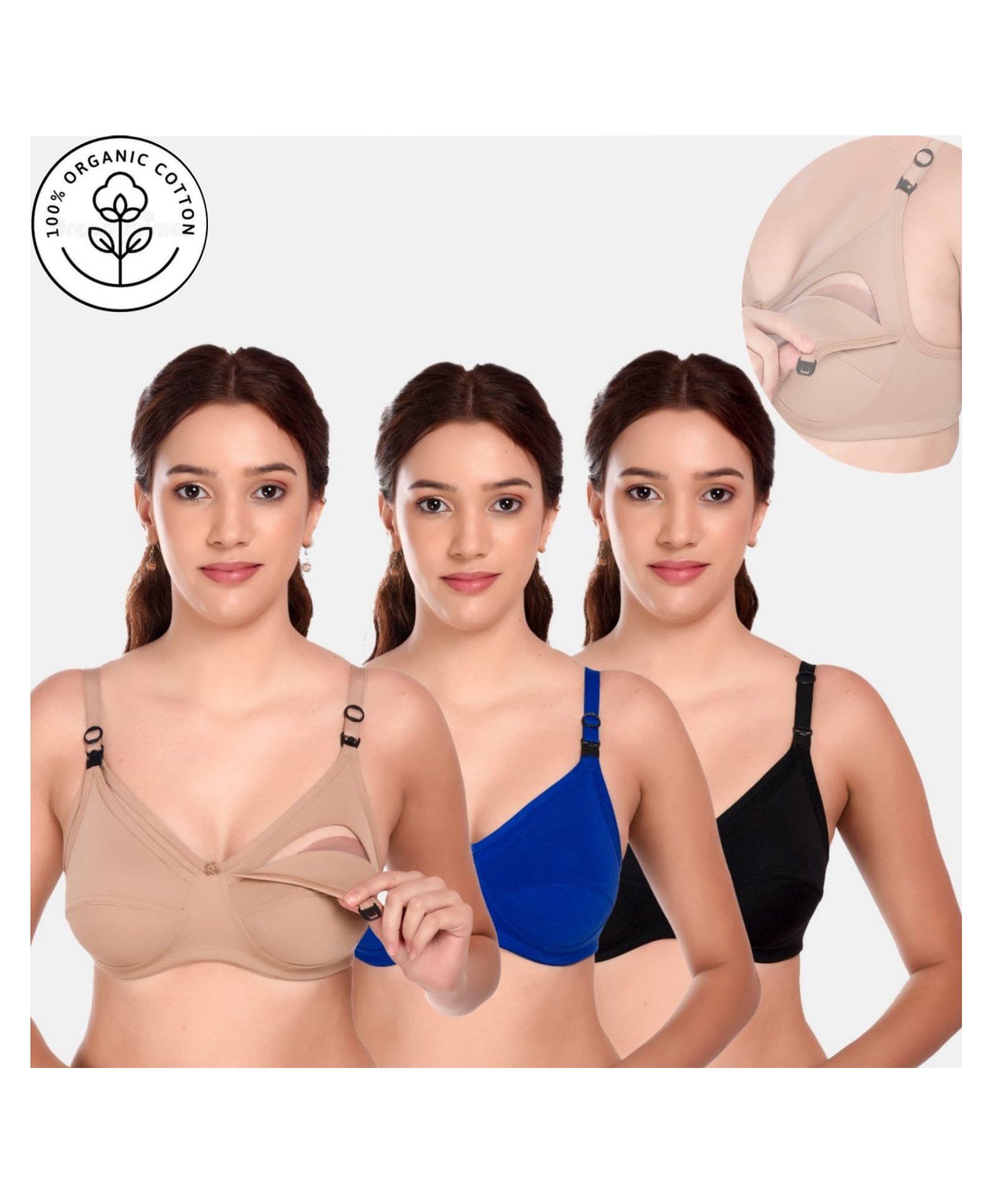 Elite Mom Pack Of 3 Solid Maternity Nursing Bra - Beige Blue & Black-image-48