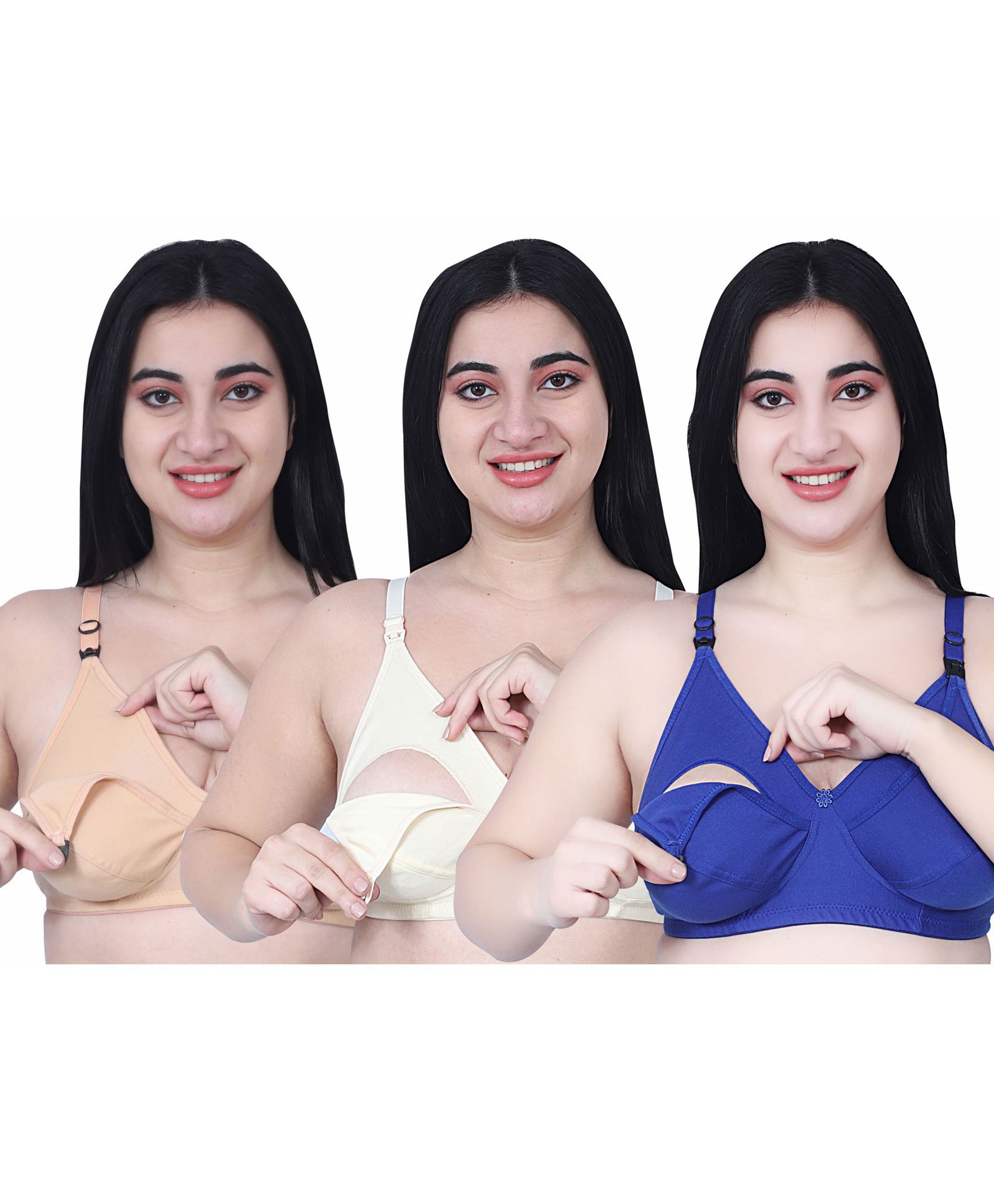 Elite Mom Pack Of 3 Solid Maternity Nursing Bras  - Beige Skin & Blue-image-32