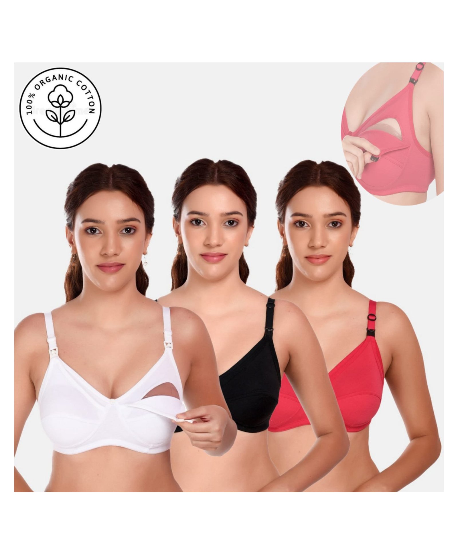 Elite Mom Pack Of 3 Solid Maternity Nursing Bra - White Black & Pink-image-46