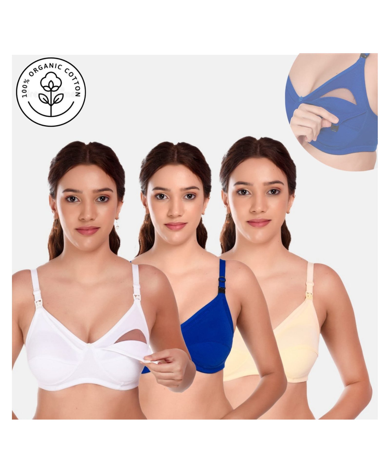 Elite Mom Pack Of 3 Solid Maternity Nursing Bra  - White Blue & Skin-image-18