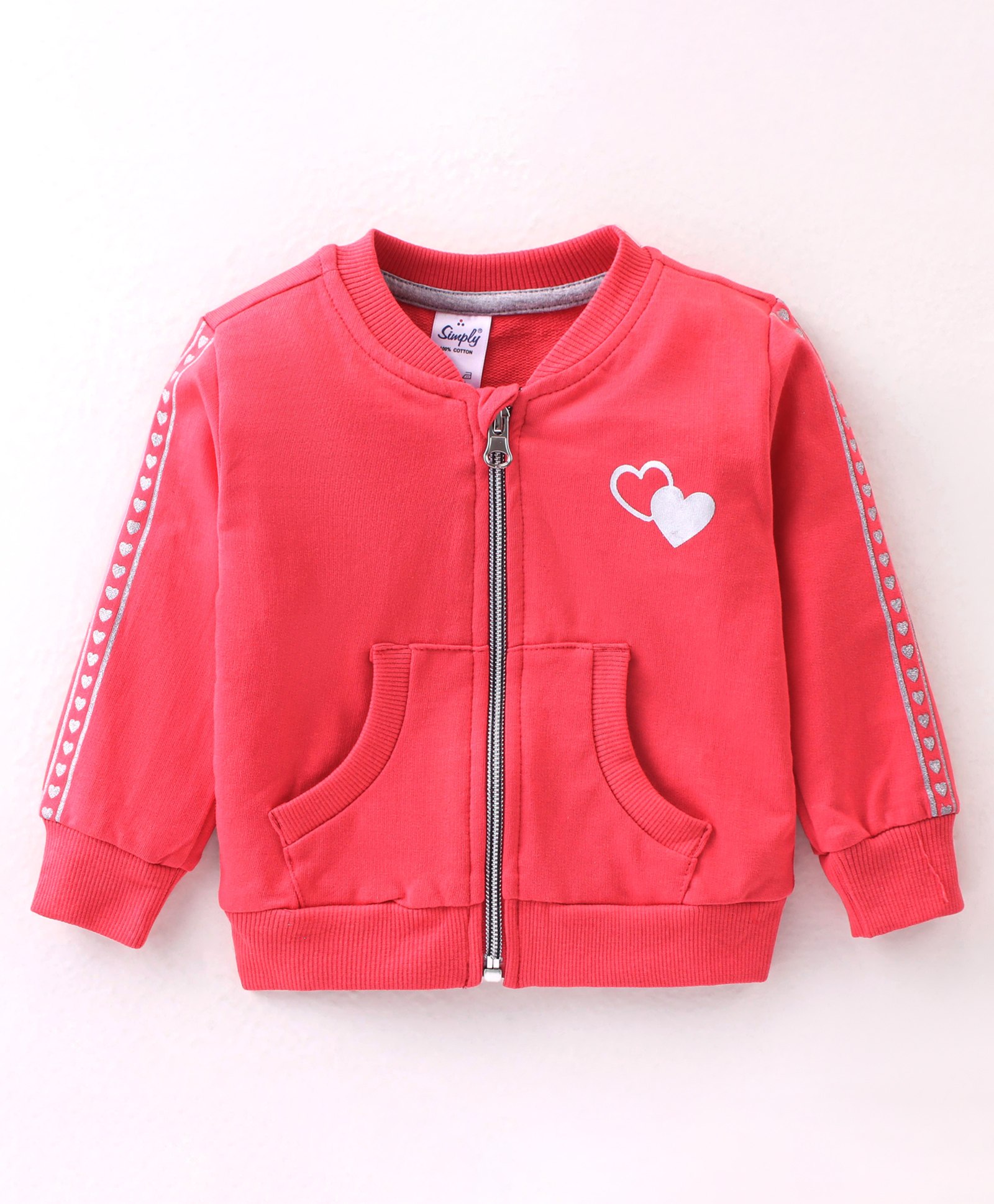 Simply Looper Fleece Full Sleeves Jacket Heart Print - Red-image-39