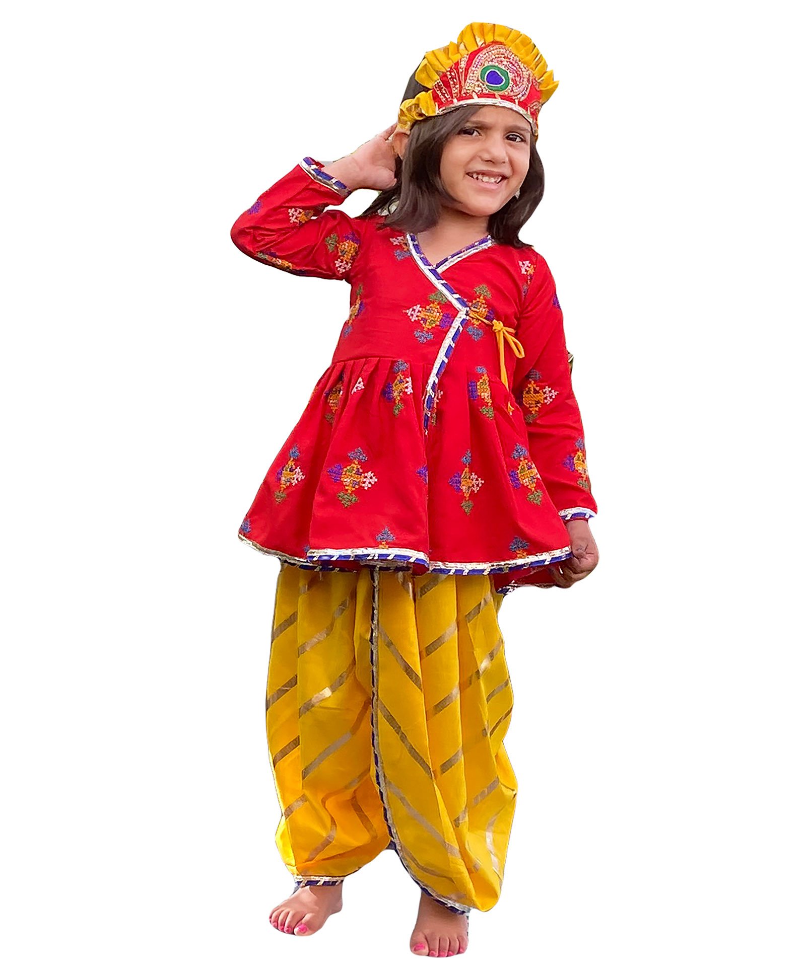 Aglare Janmashtami Theme Full Sleeves Embroidered And Foil Striped Printed Kurta And Dhoti - Red And Yellow-image-48
