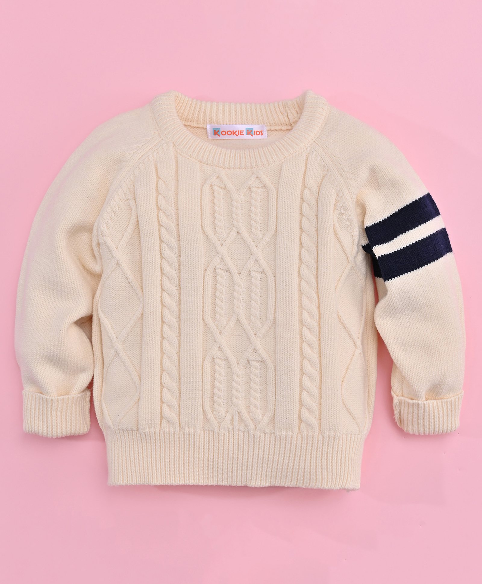 Kookie Kids Full Sleeves Sweater with Cable Knit Design - Cream-image-28