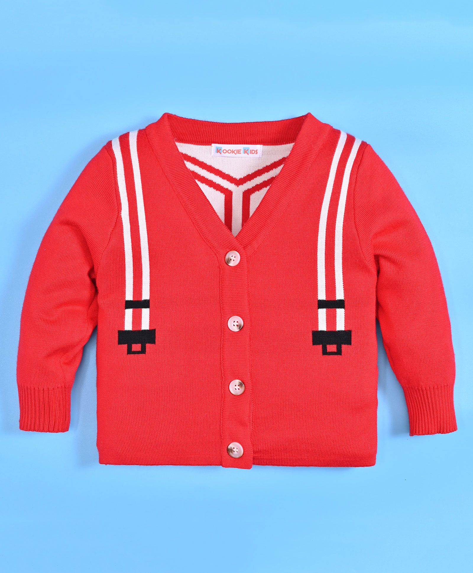 Kookie Kids Full Sleeves Front Open Sweater with Suspender Design - Red-image-37