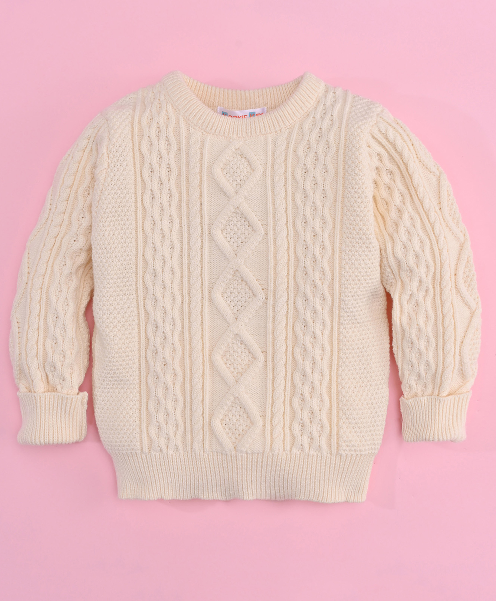 Kookie Kids Full Sleeves Sweater Cable Knit Design - Cream-image-45